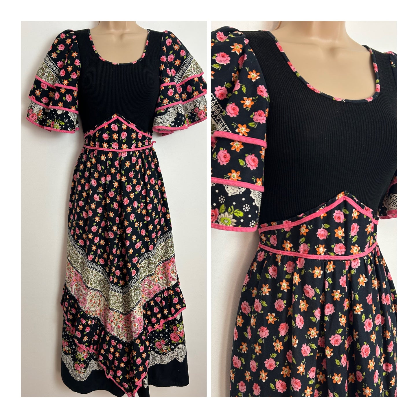 Vintage 1970s CLOCKHOUSE Size 6-8 Black Pink & Orange Floral Cotton Prairie Boho Midi Dress