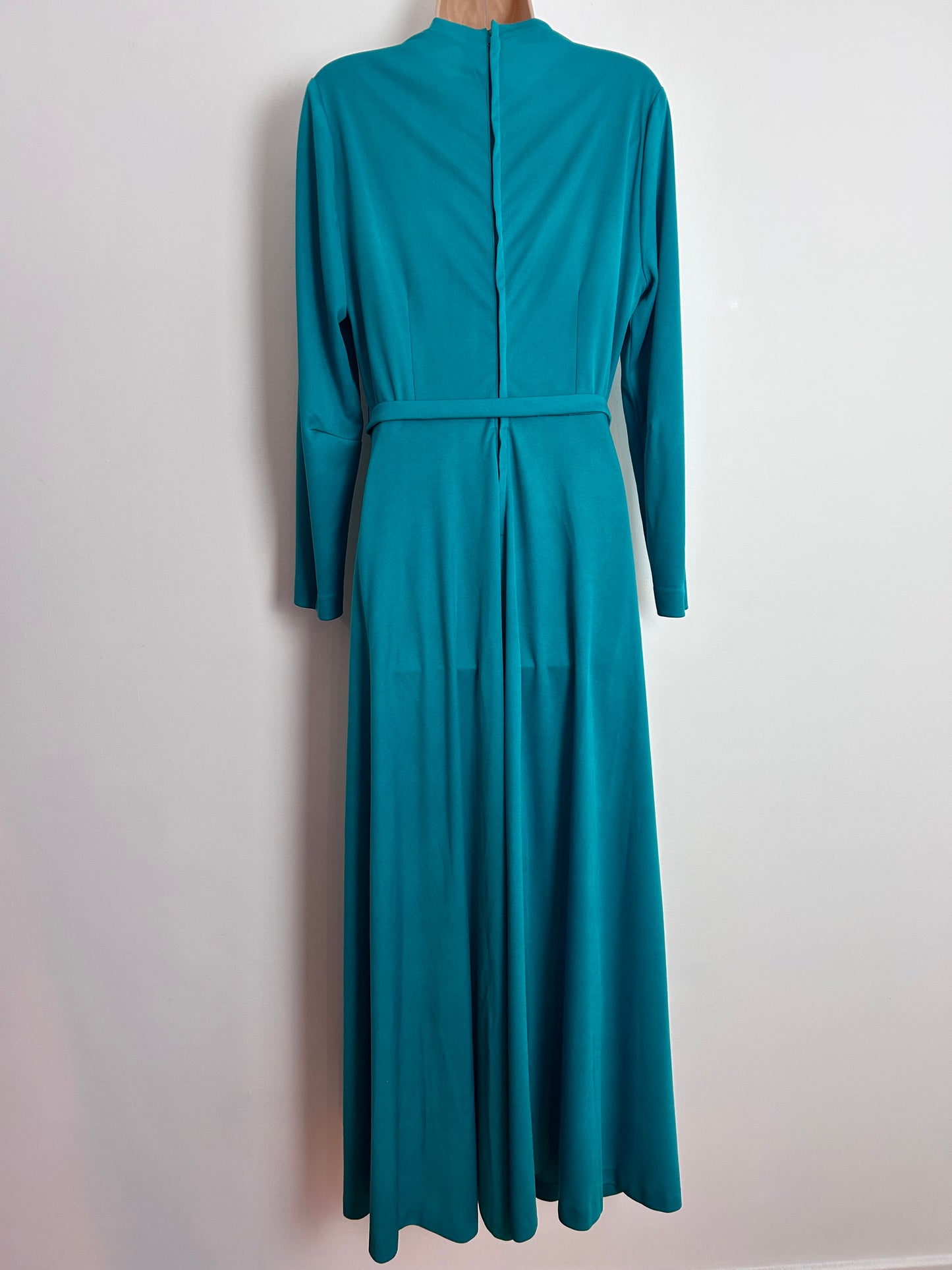 Vintage 1970s RIDELLA UK Size 12 Jade Green Long Sleeve Belted Maxi Dress