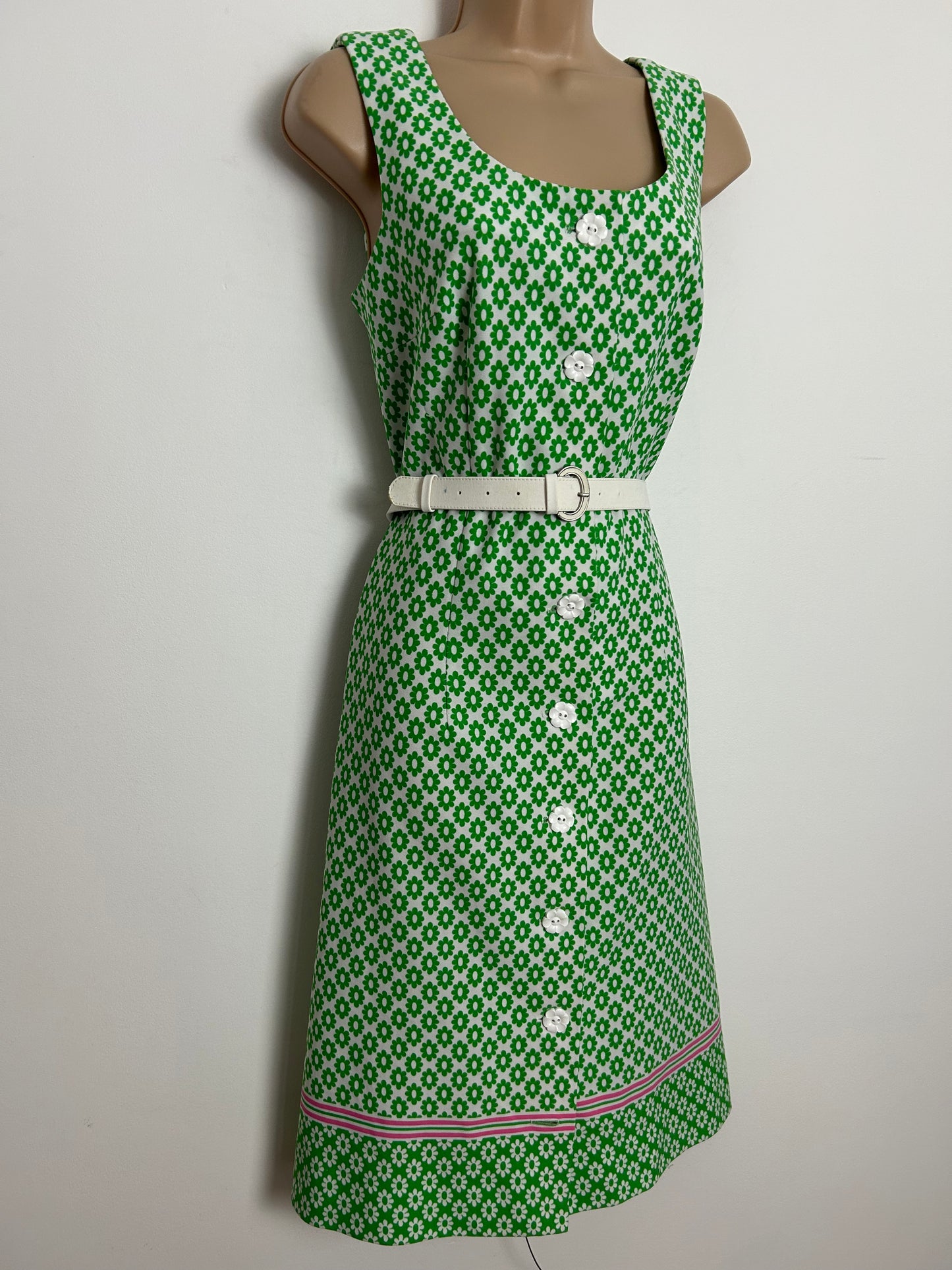 Vintage 1960s MARY HARNES Size 12 Green & White Daisy Floral Print Dress & Jacket Two Piece Set