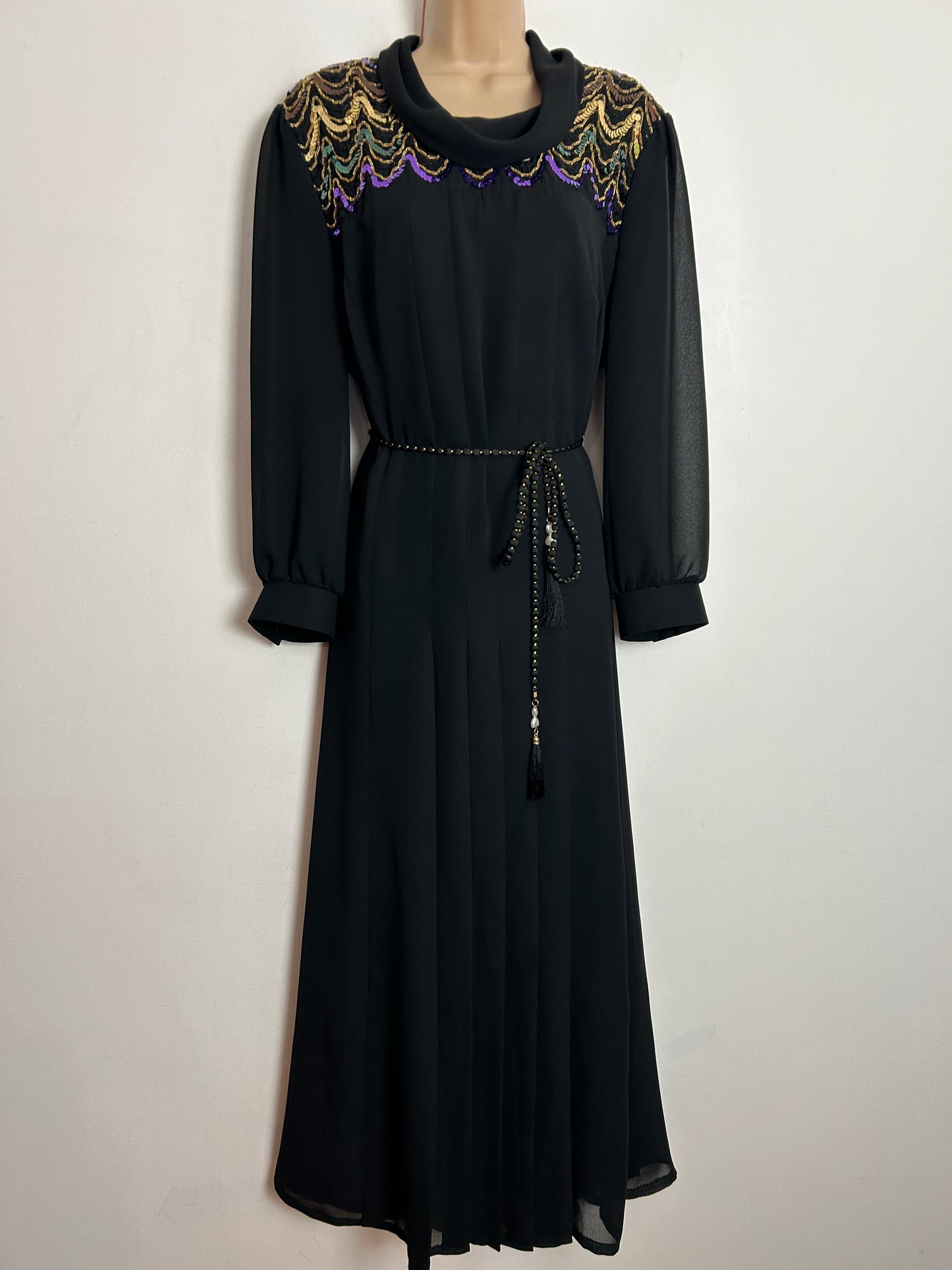 Vintage 1970s ESCO SPECIAL UK Size 16 Black Chiffon Gold & Purple Sequin & Braid Trim Belted Occasion Evening Maxi Dress