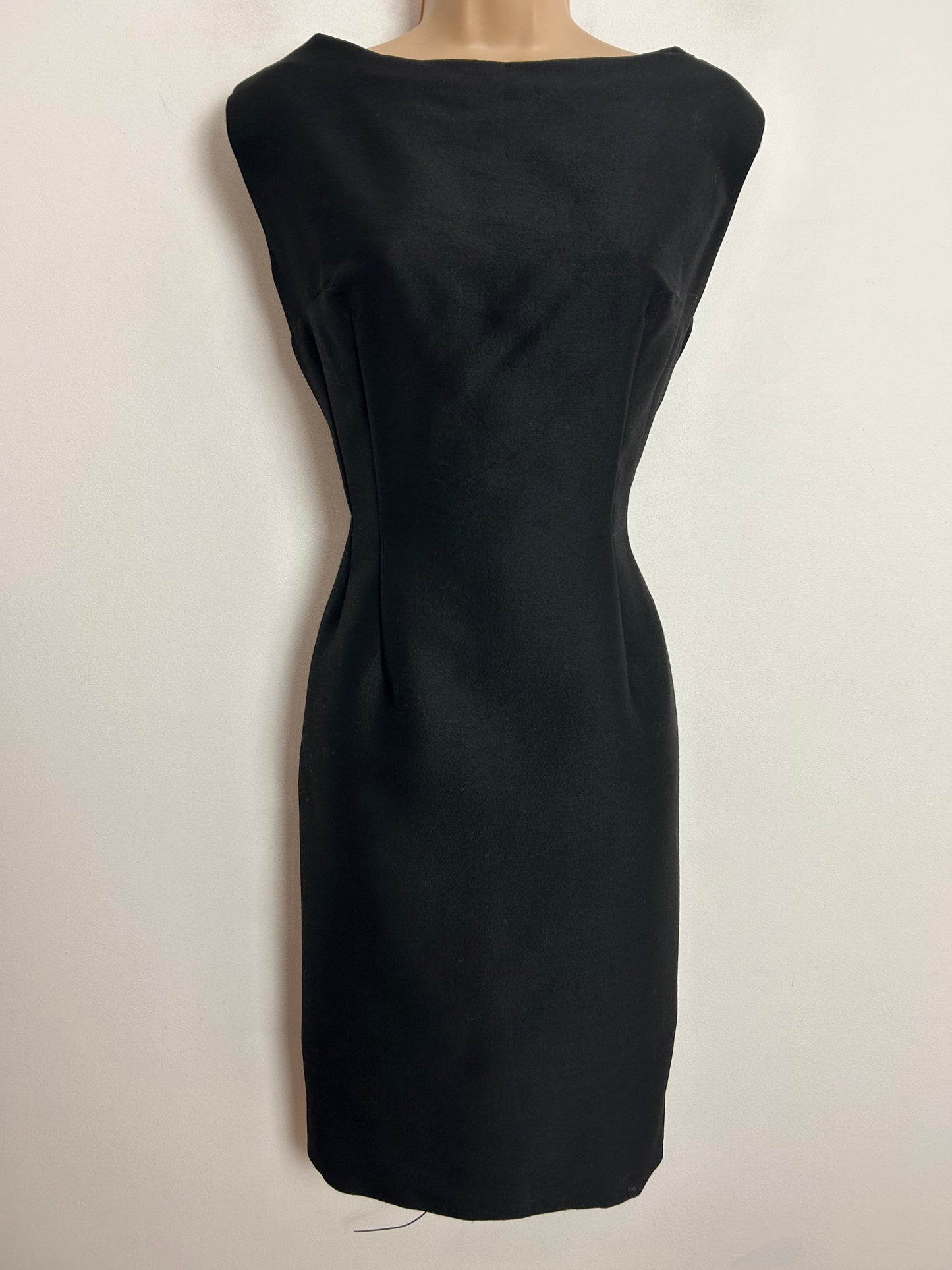 Vintage 1960s UK Size 10 Black Sleeveless Scooped Back Fitted Wiggle Party Dress