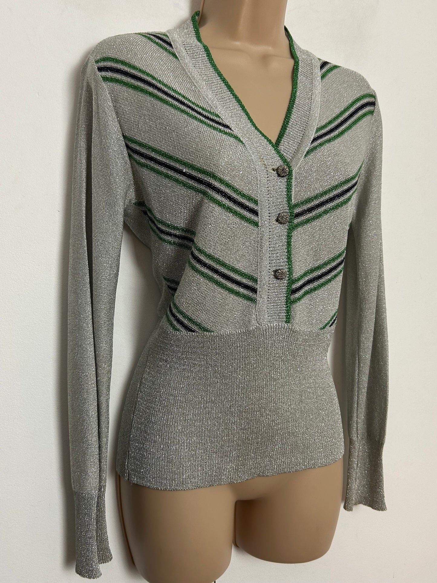 Vintage 1970s UK Size 10-12 Silver Green & Black Stripe Lurex Long Sleeve Top