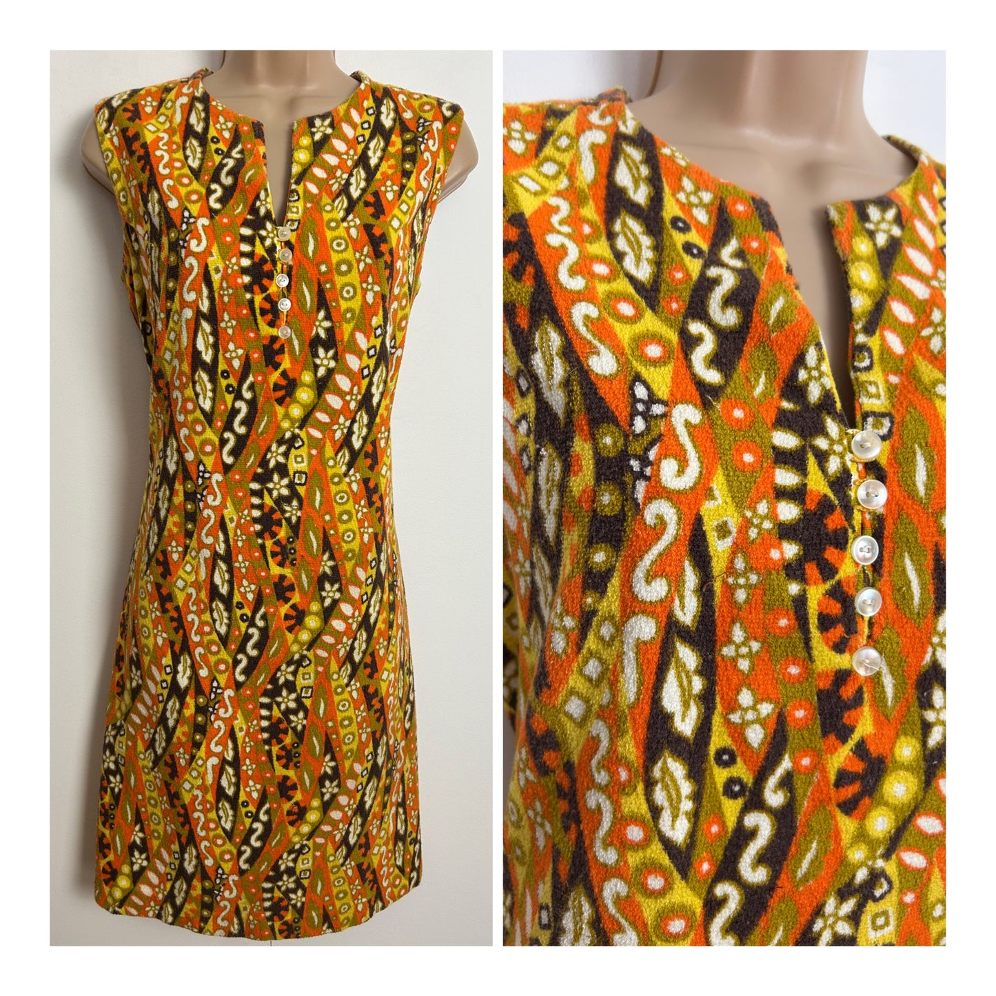 Vintage 1960s Size 10-12 Orange Yellow & Brown Abstract Psychedelic Print Towelling Mod Shift Dress