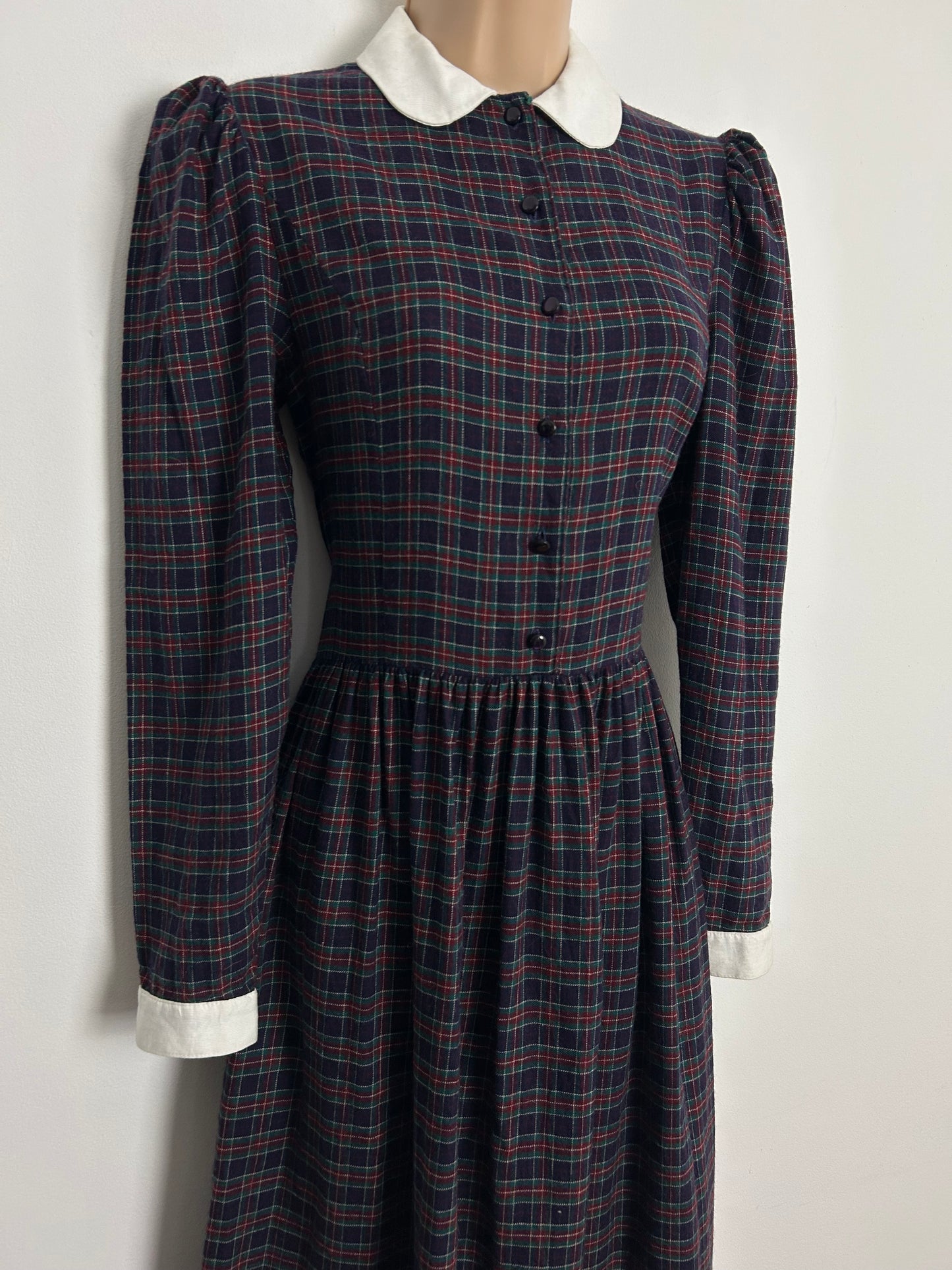 Vintage 1980s LAURA ASHLEY UK Size 8 (10 On Label) Purple Red & Green Tartan Check Print Wool Mix Day Dress
