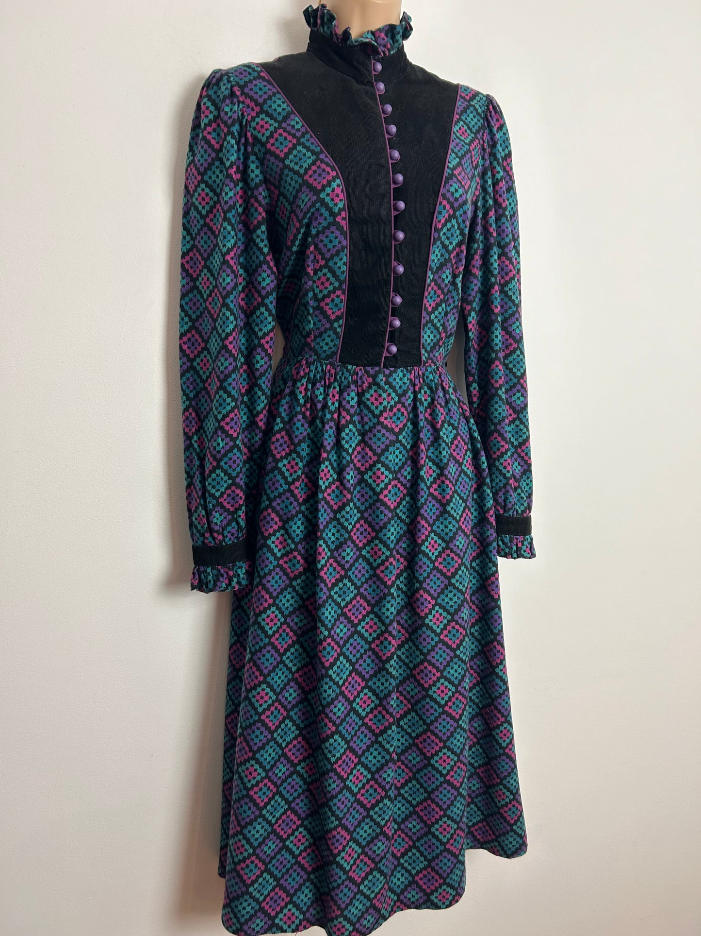 Vintage Late 1970s MARION DONALDSON UK Size 8 Black Turquoise Purple & Pink Wool Mix Cord Panel Victoriana Dress
