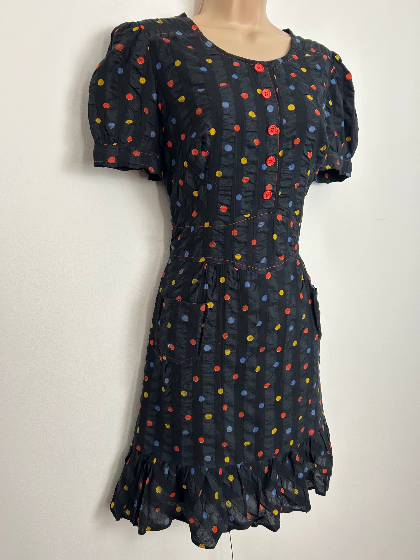 Vintage 1960s Size 10 Black Orange Yellow & Blue Polka Dot Seersucker Cotton Mini Mod Dress