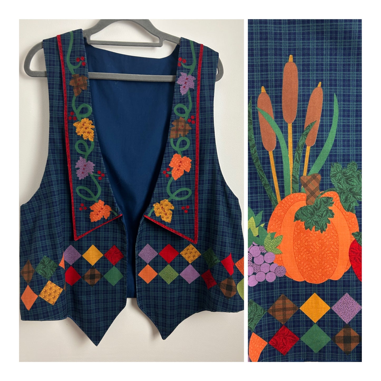 Vintage 1980s UK Size 14-16 Blue & Green Check Diamond, Leaf & Fruit Print Cotton Open Fronted Waistcoat