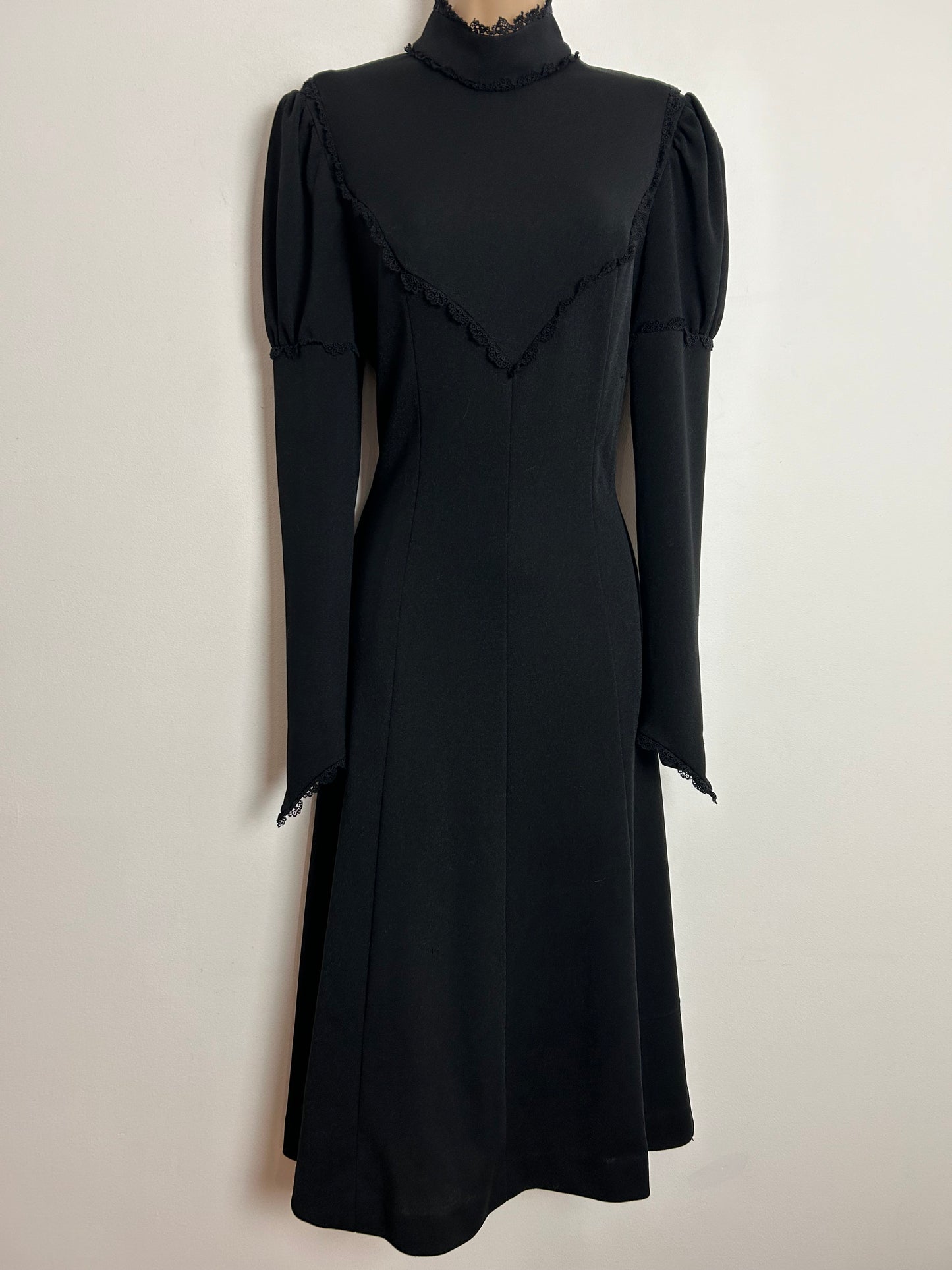 Vintage 1970s UK Size 10 Black Lace Trim Long Juliet Sleeve Victoriana Prairie Boho Midi Dress