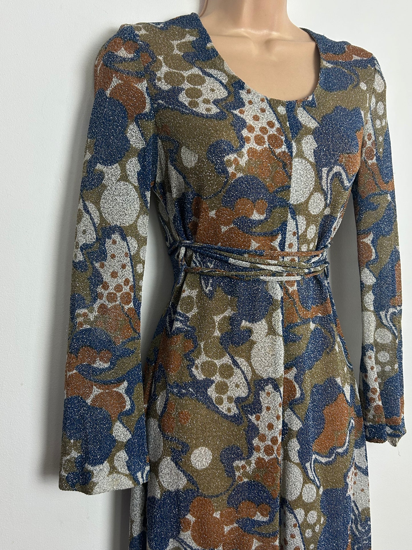 Vintage 1970s SKIVA Size 8 Blue & Brown Tones Abstract Print Lightweight Lurex Criss Cross Tie Fastening Maxi Dress