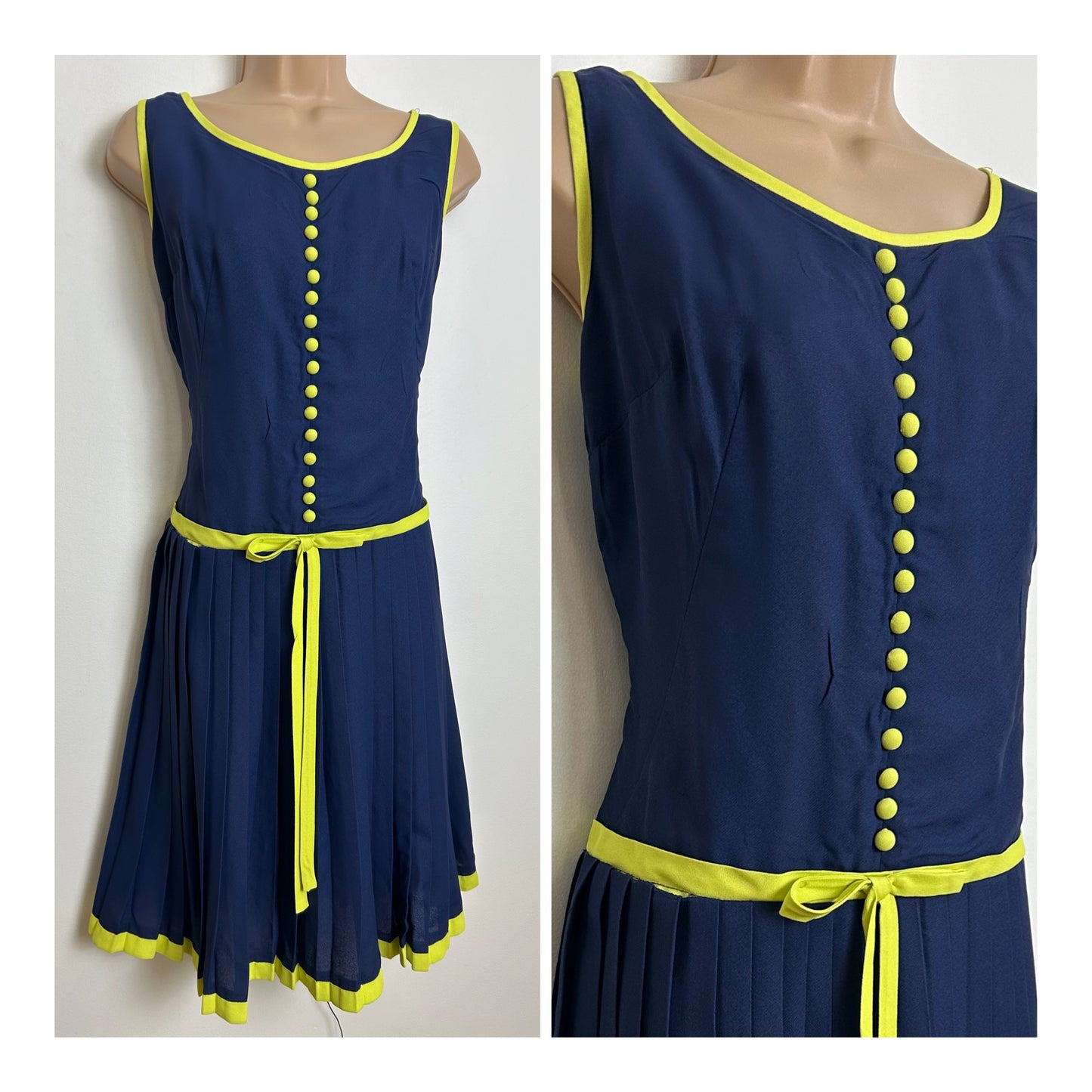 Vintage 1960s SAL MILLER OF MELBOURNE Size 8-10 Navy Blue & Chartreuse Yellow Trim Pleated Mod Dress