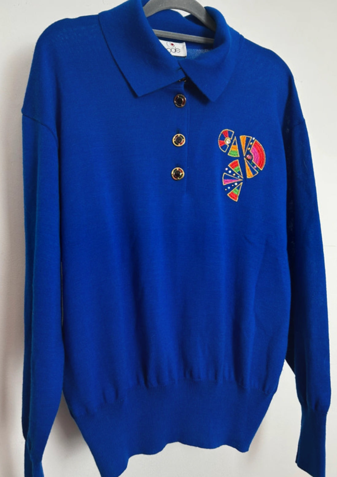 Vintage 1980s BODE Size 14 Electric Blue Wool Mix Collared Lightweight Jumper