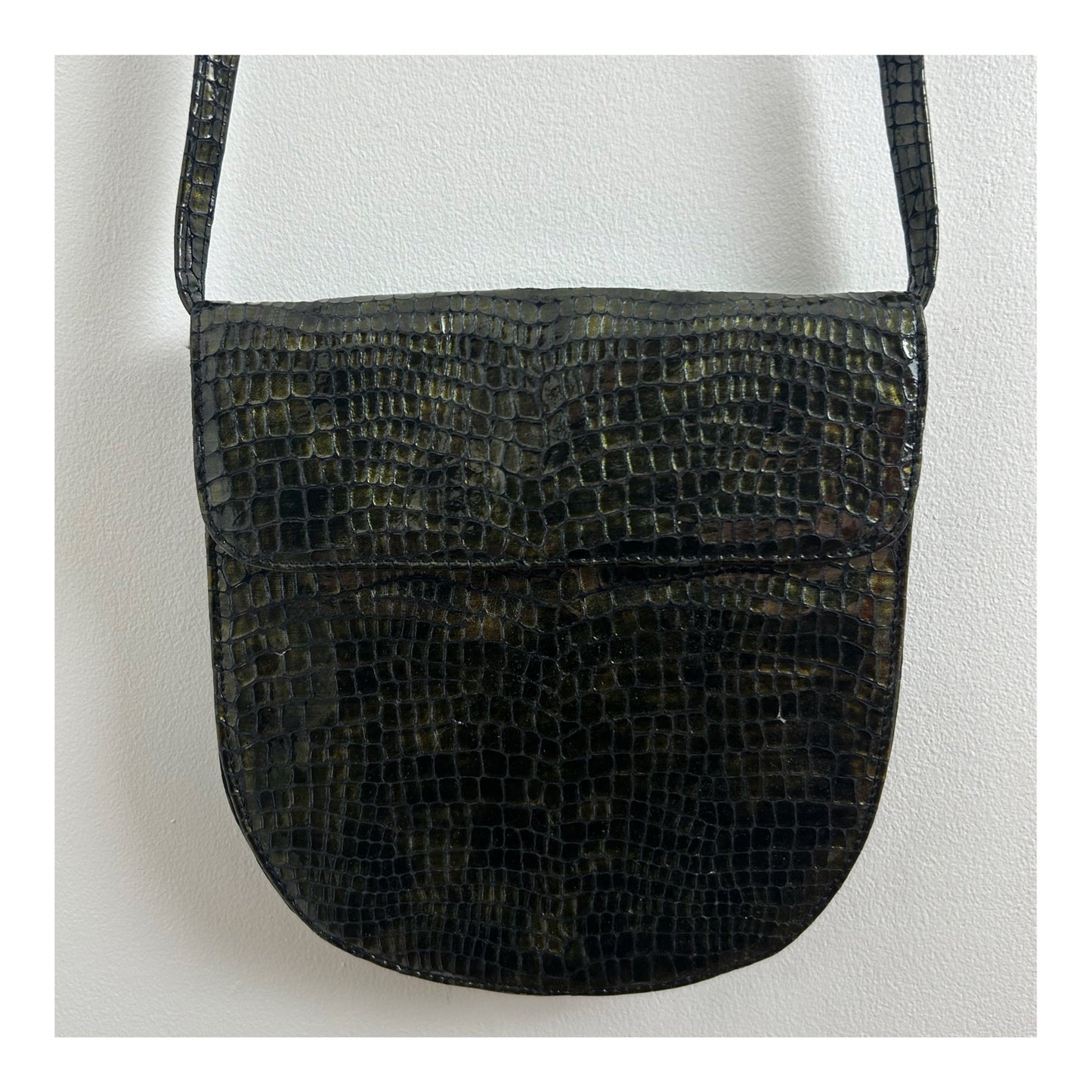 Vintage 1980s Cute Little Very Dark Green Mock Reptile Skin Shoulder Bag