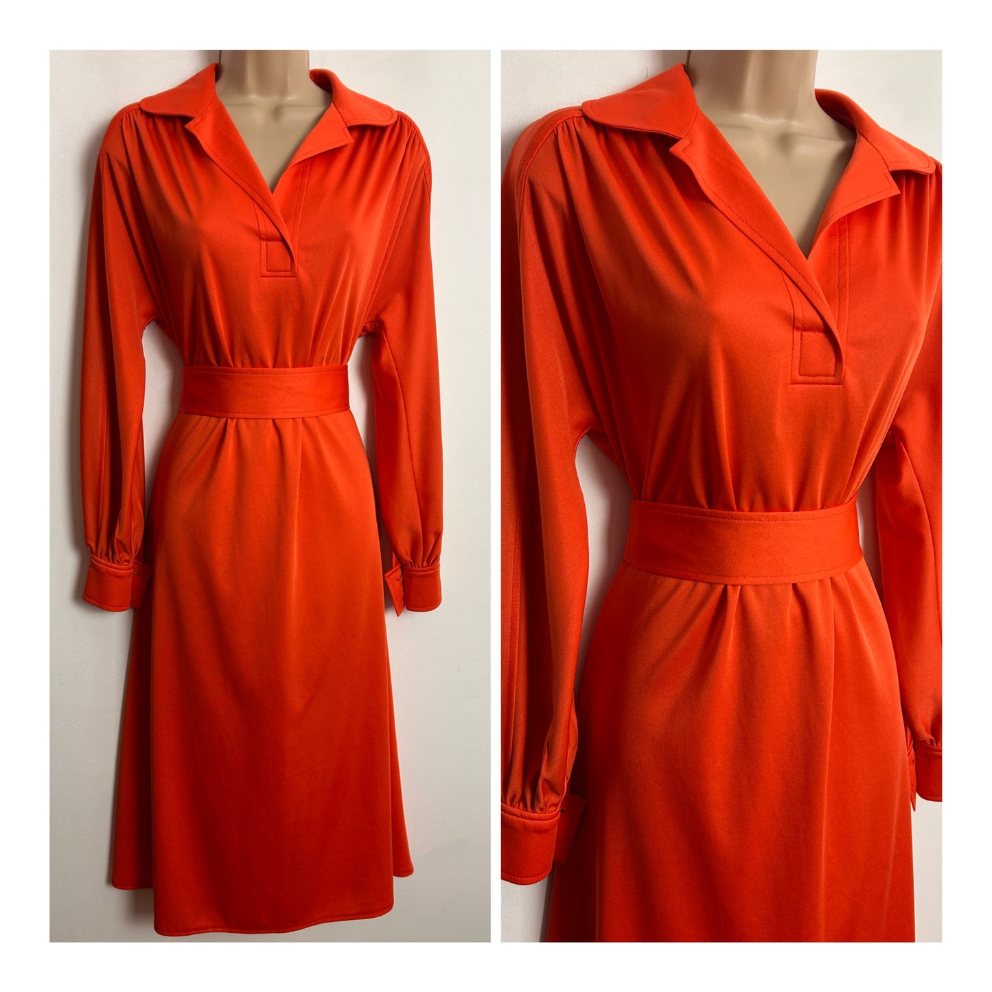 Vintage 1970s WIBOR UK Size 14 Tangerine Orange Long Sleeve Belted Day Dress