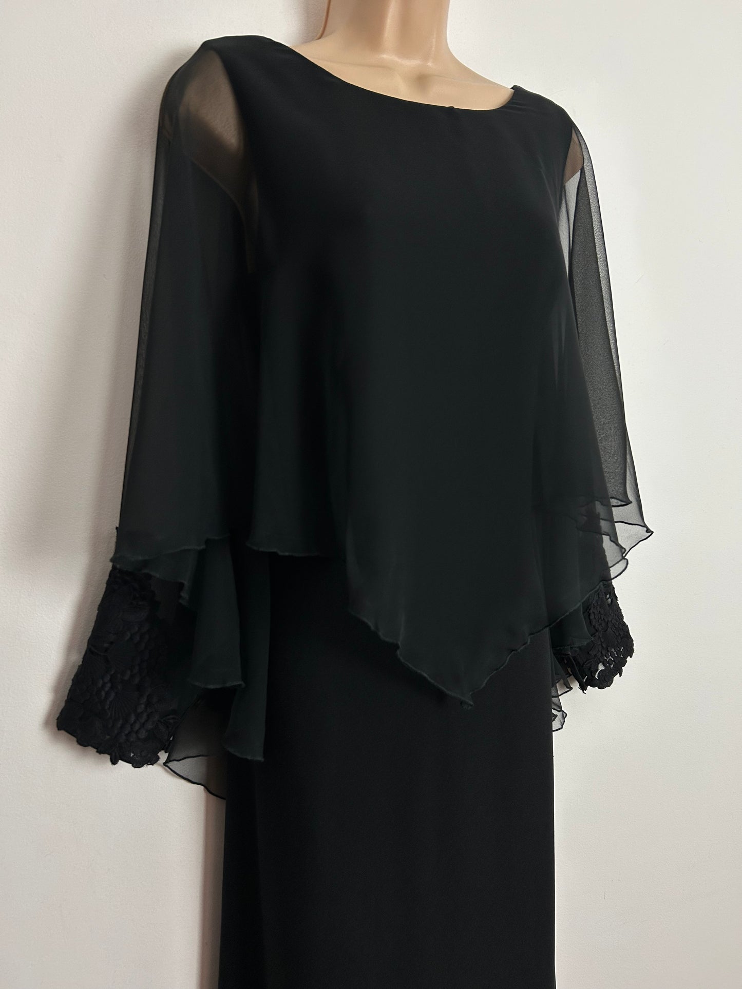 Vintage 1970s UK Size 12 Black Chiffon Cuffed Capelet Occasion Evening Maxi Dress