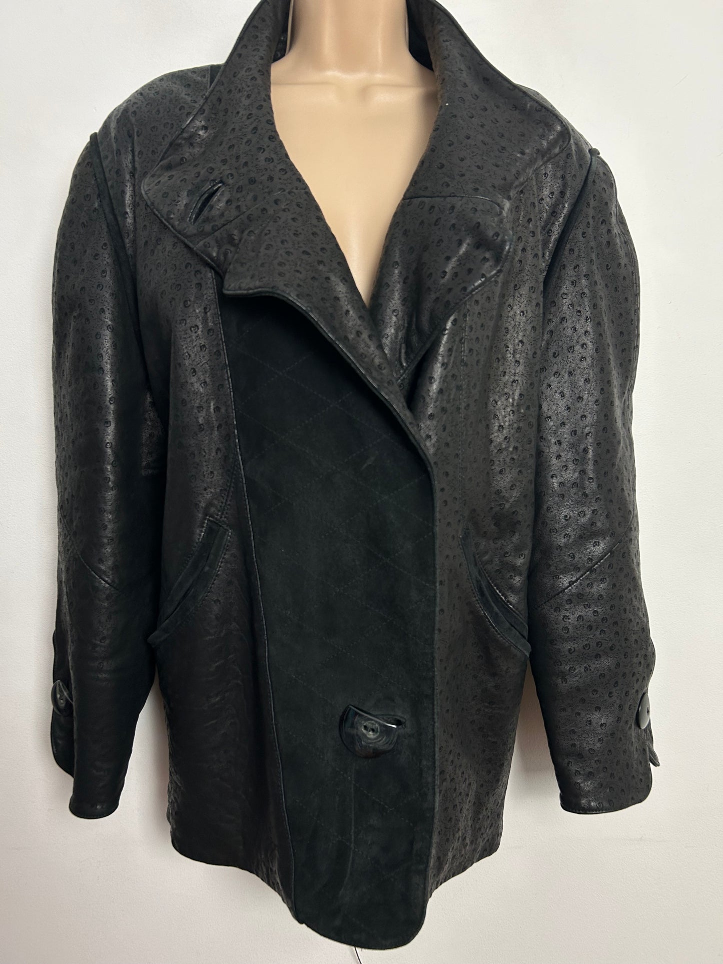 Vintage Early 1980s MARCO Up To Size 14-16 Black Leather Suede Chunky Buttons Over Size Leather Jacket