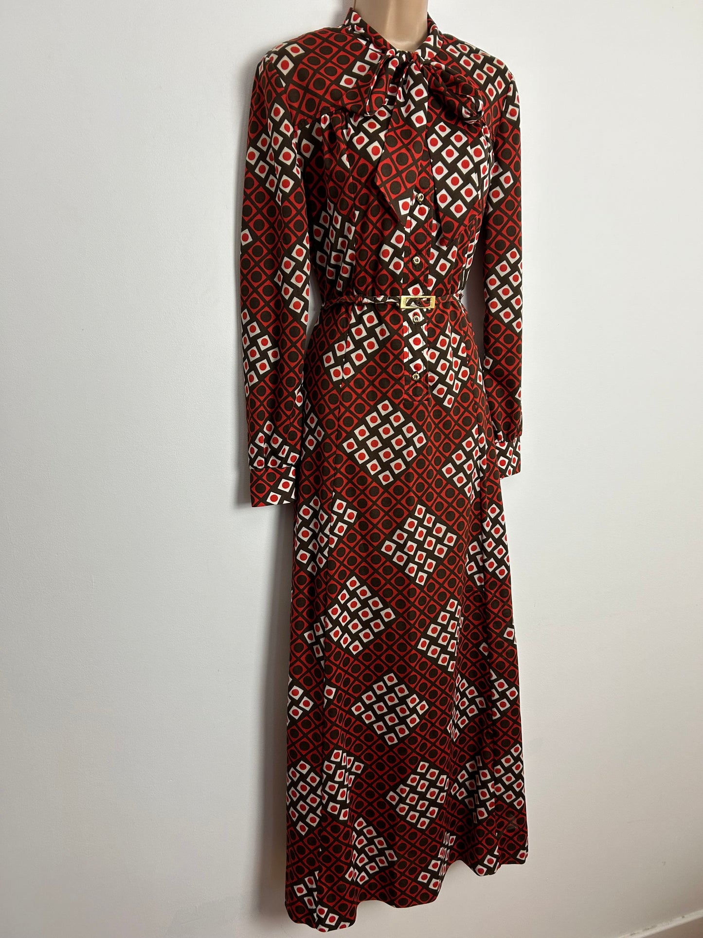 Vintage 1970s LEROSE UK Size 12-14 Dark Red White & Orange Square & Circle Print Long Sleeve Belted Pussy Bow Maxi Dress
