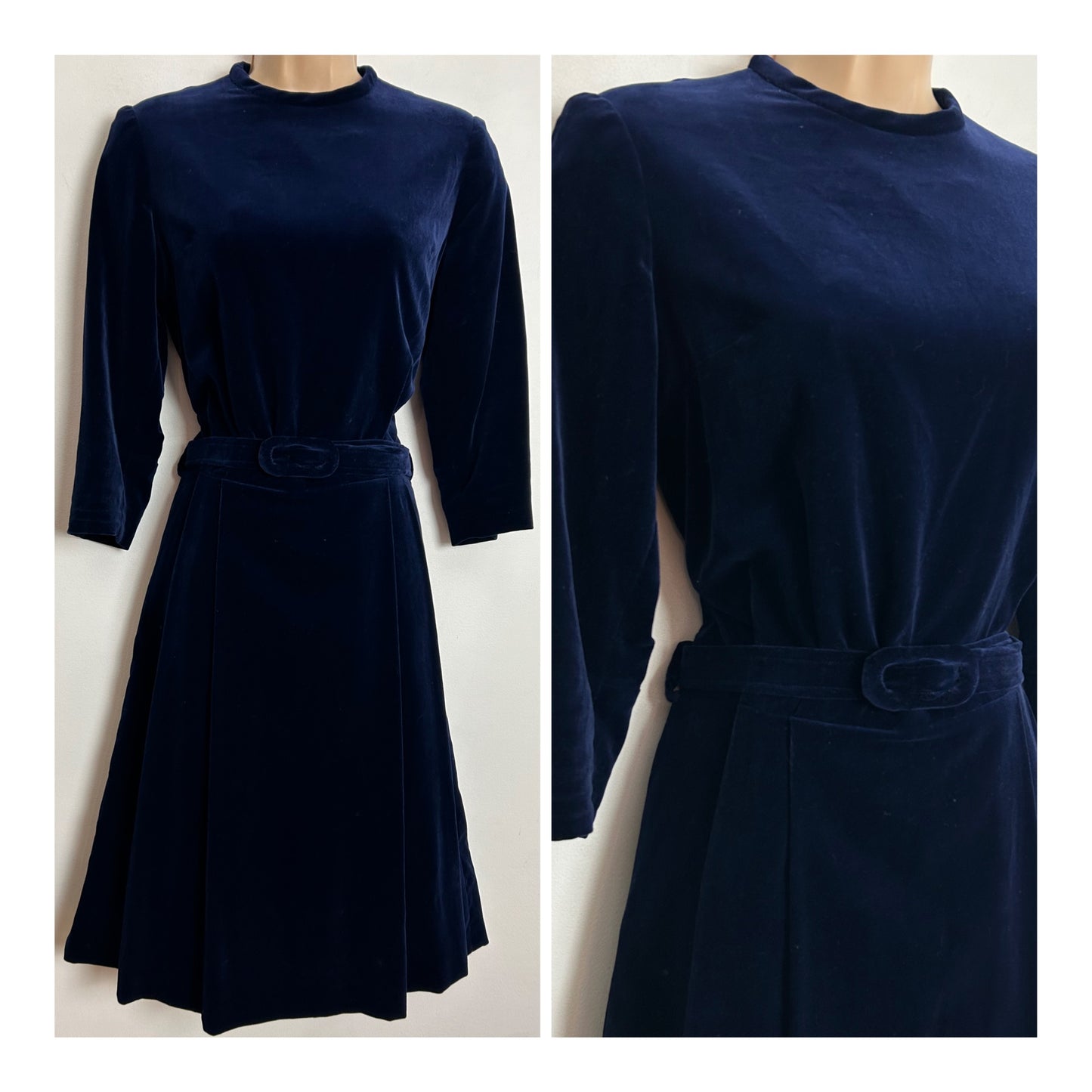 Vintage 1960s UK Size 10-12 Dark Midnight Blue Velvet Belted Pleated Dress