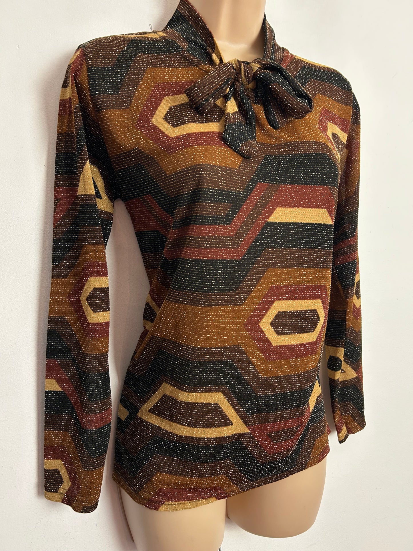 Vintage 1970s UK Size 12-14 Brown & Bronze Tones Geo Print Lurex Tie Neck Long Sleeve Blouse