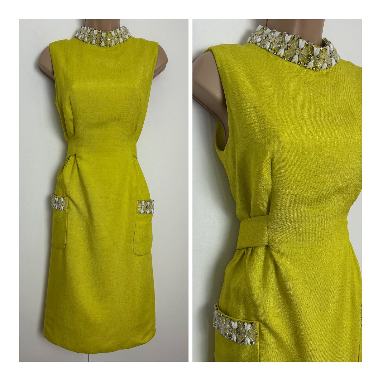 Vintage 1960s DYNASTY INTERNATIONAL Size 10 Chartreuse Bead Embellished Mod Special Occasion Party Dress