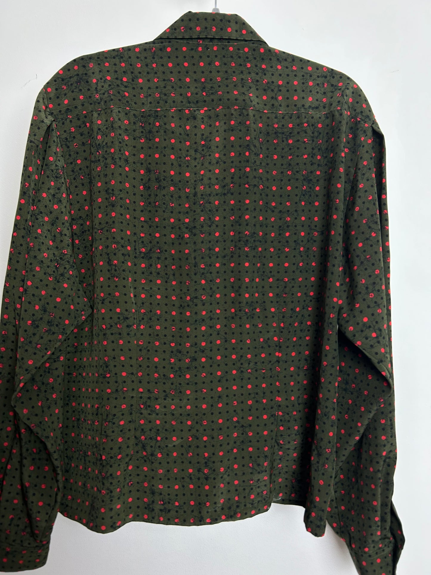 Vintage 1970s JAEGER Size 14 Dark Green Red & Black Polka Dot Print Long Sleeve Blouse/Top