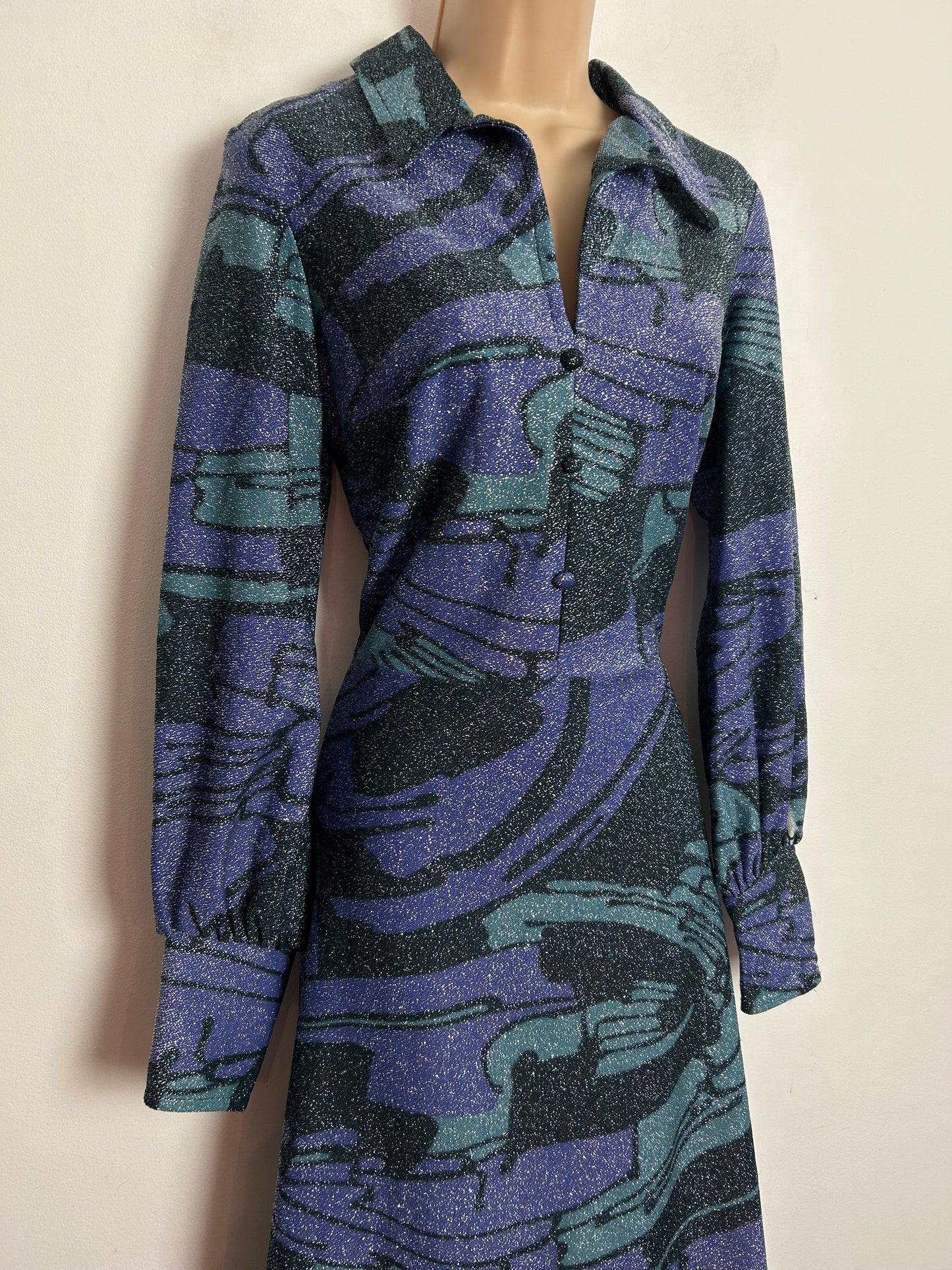 Vintage 1970s UK Size 10-12 Dark Grey Silver & Purple Lurex Abstract Print Long Sleeve Occasion Evening Maxi Dress