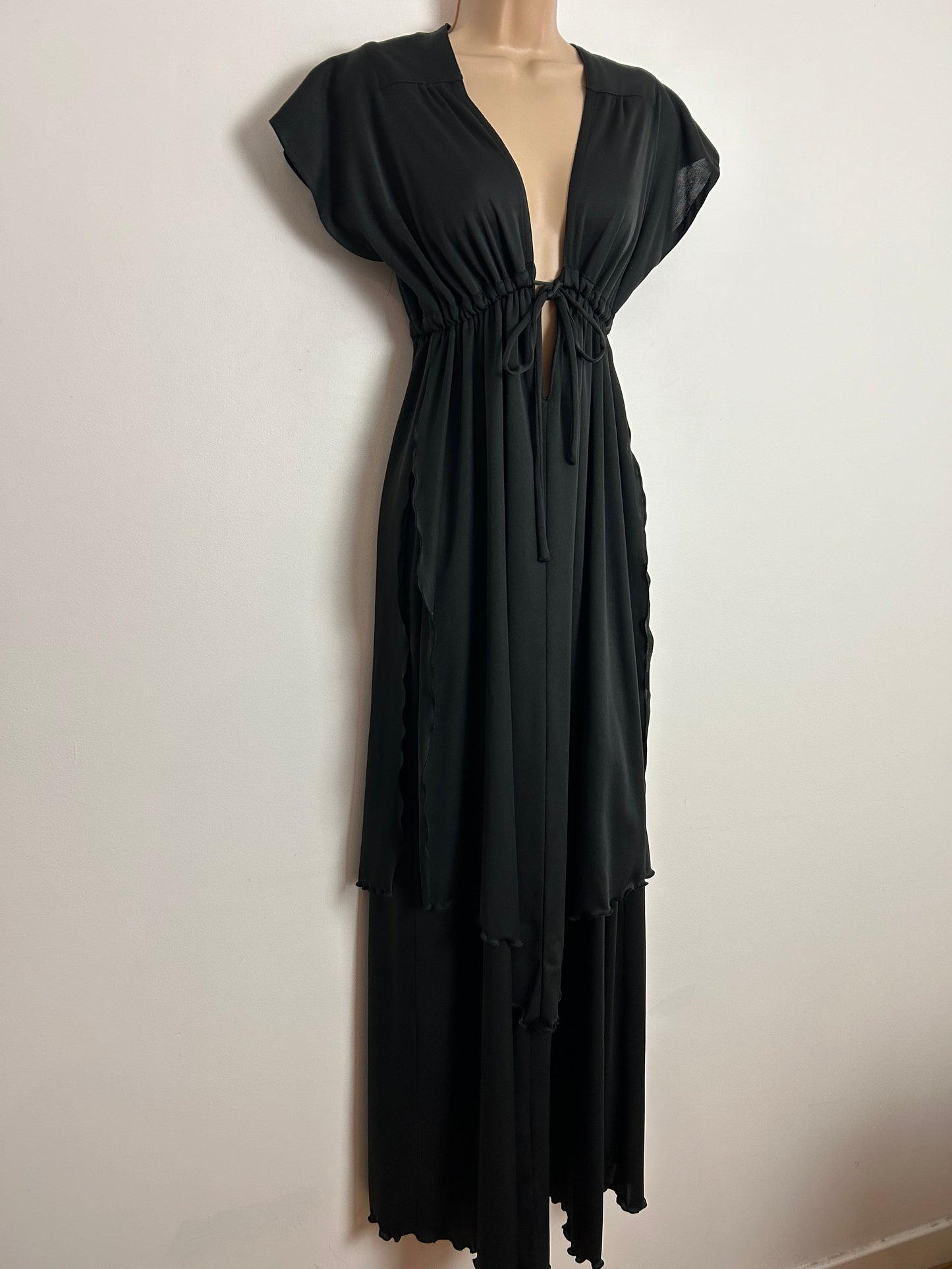 Vintage 1970s UK Size 8-10 Black Plunge V-Neck Draw Tie Waist Layered Maxi Dress