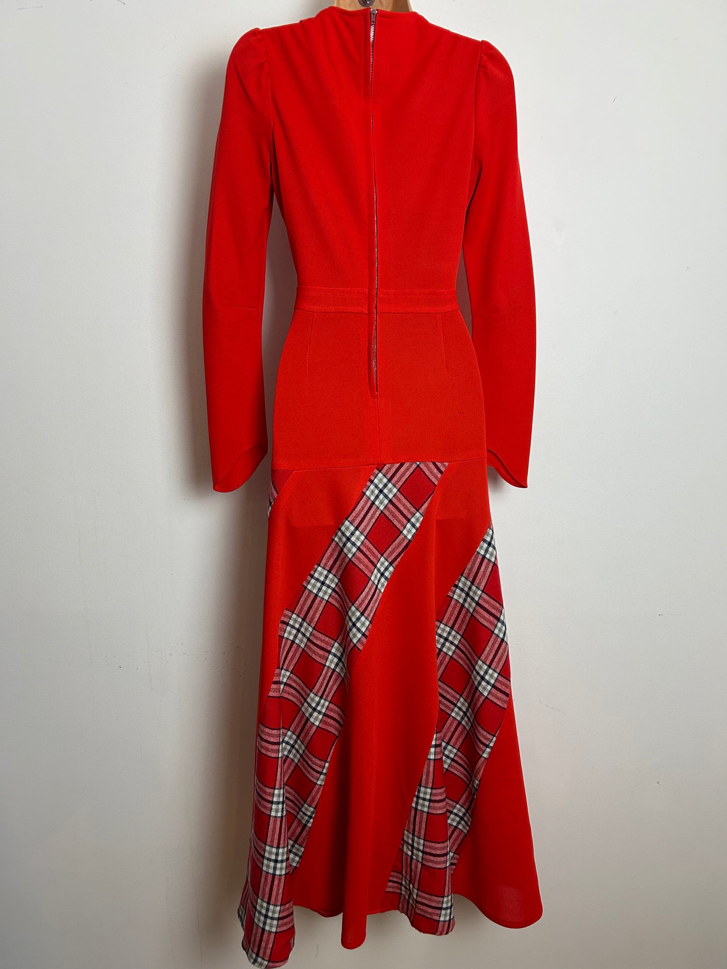 Vintage 1970s Size 8 Red Tartan Check Panels Applique Detail Long Sleeve Maxi Dress