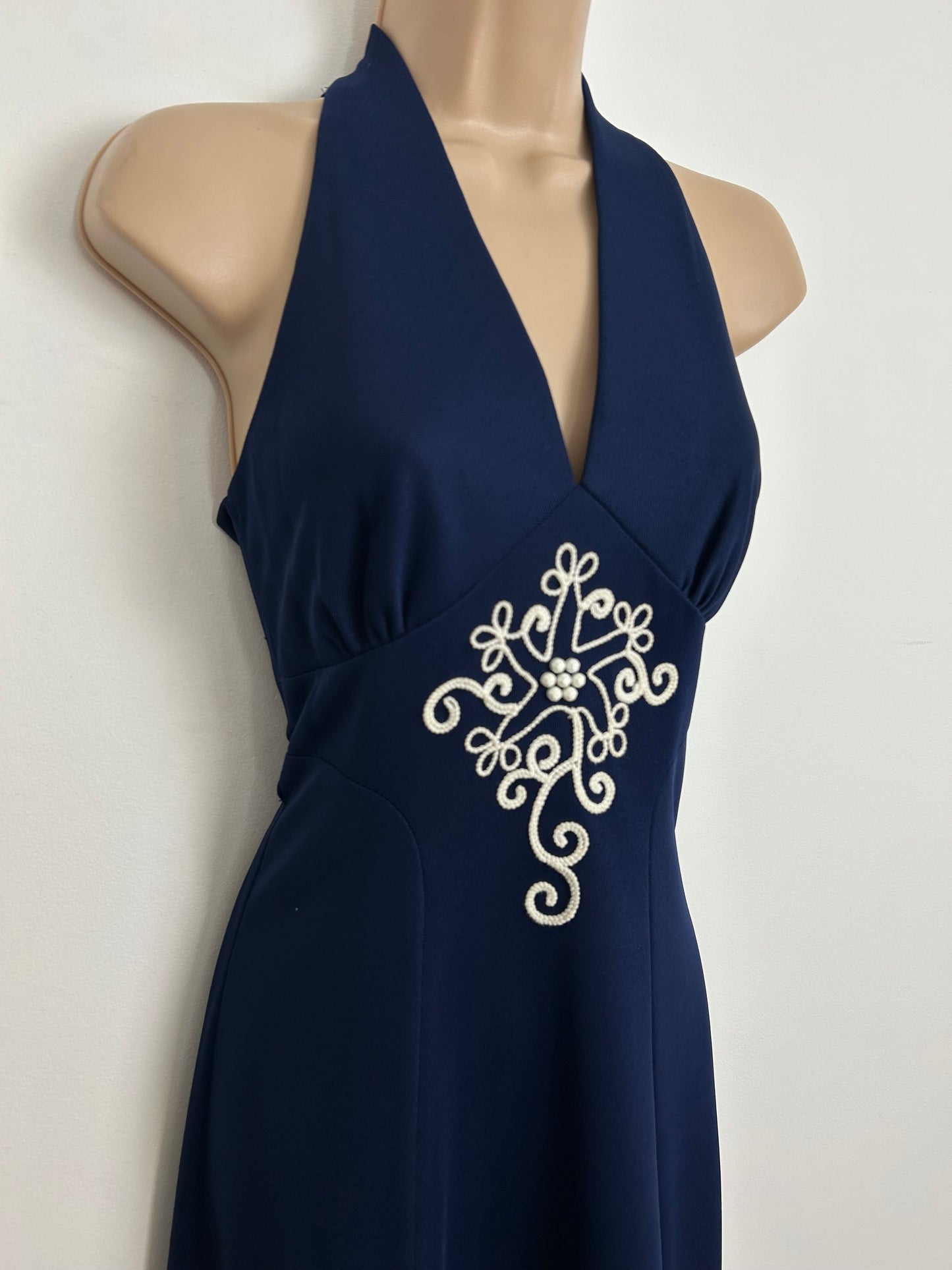 Vintage 1970s Size 8 Navy Blue Sleeveless Braid & Braid Trim Sleeveless Maxi Dress