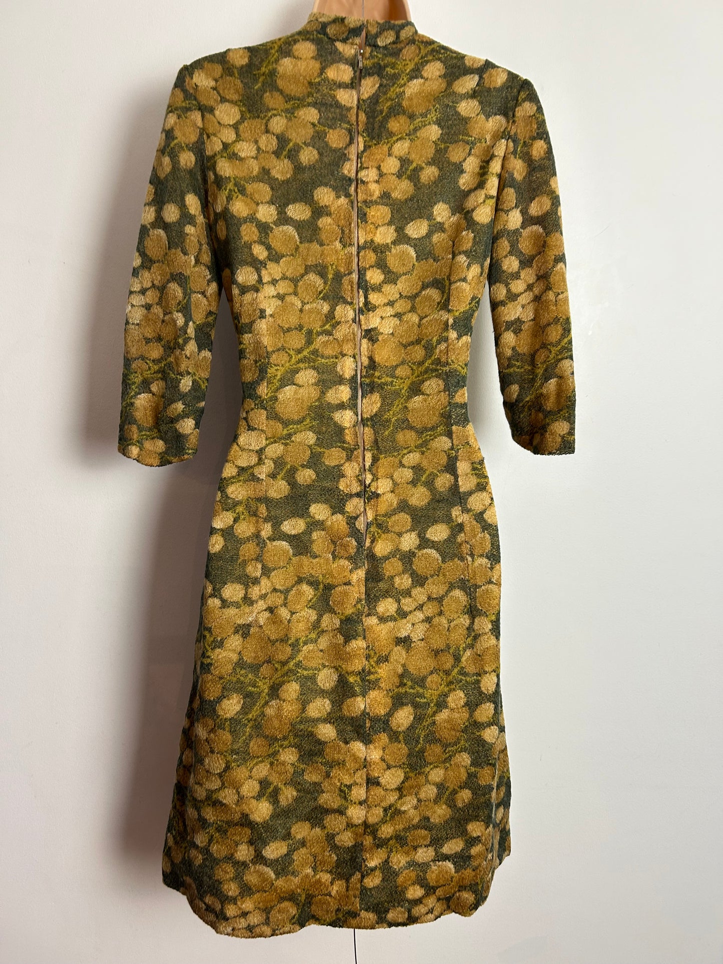 Vintage Early 1960s UK Size 8 Dark Grey & Tan Brown Abstract Floral Print Wool Mix Tie Neck Day Dress