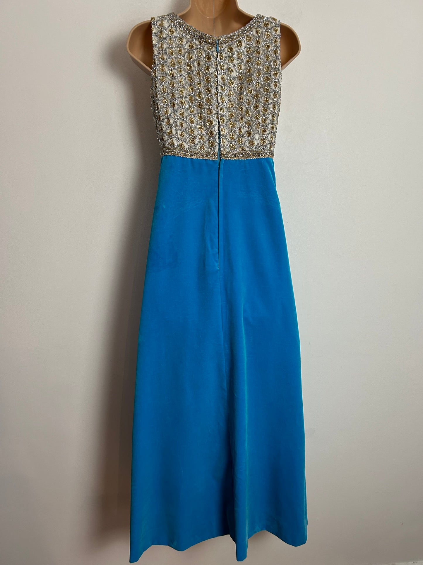 Vintage 1960s FRESH GENERATION UK Size 8 Turquoise Gold & Silver Velvet & Lace Occasion Evening Maxi Dress