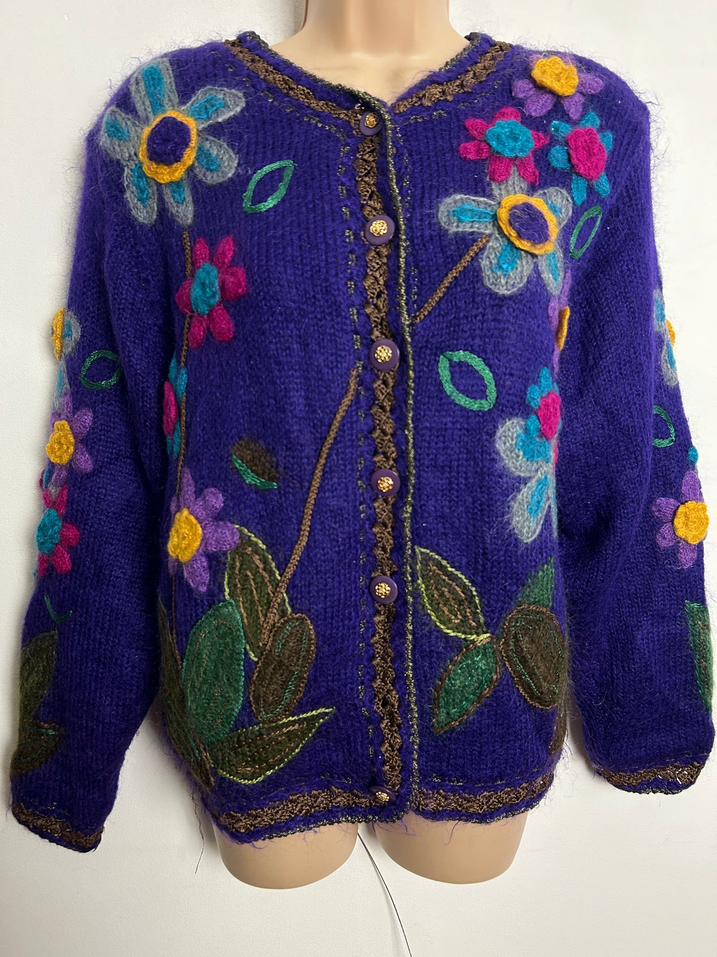 Vintage 1980s One Size Up To 14 Gorgeous Purple Mohair Mix Floral Wool Knit Long Sleeve Cardigan