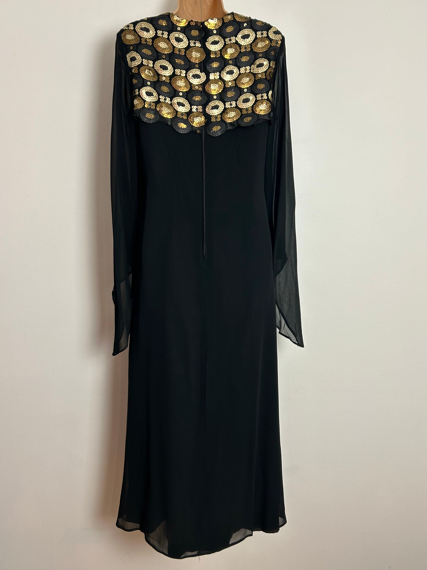 Vintage 1960s FRANK USHER UK Size 10 Black Chiffon Occasion Maxi Dress With Gold Bronze & Pewter Sequin Detailing