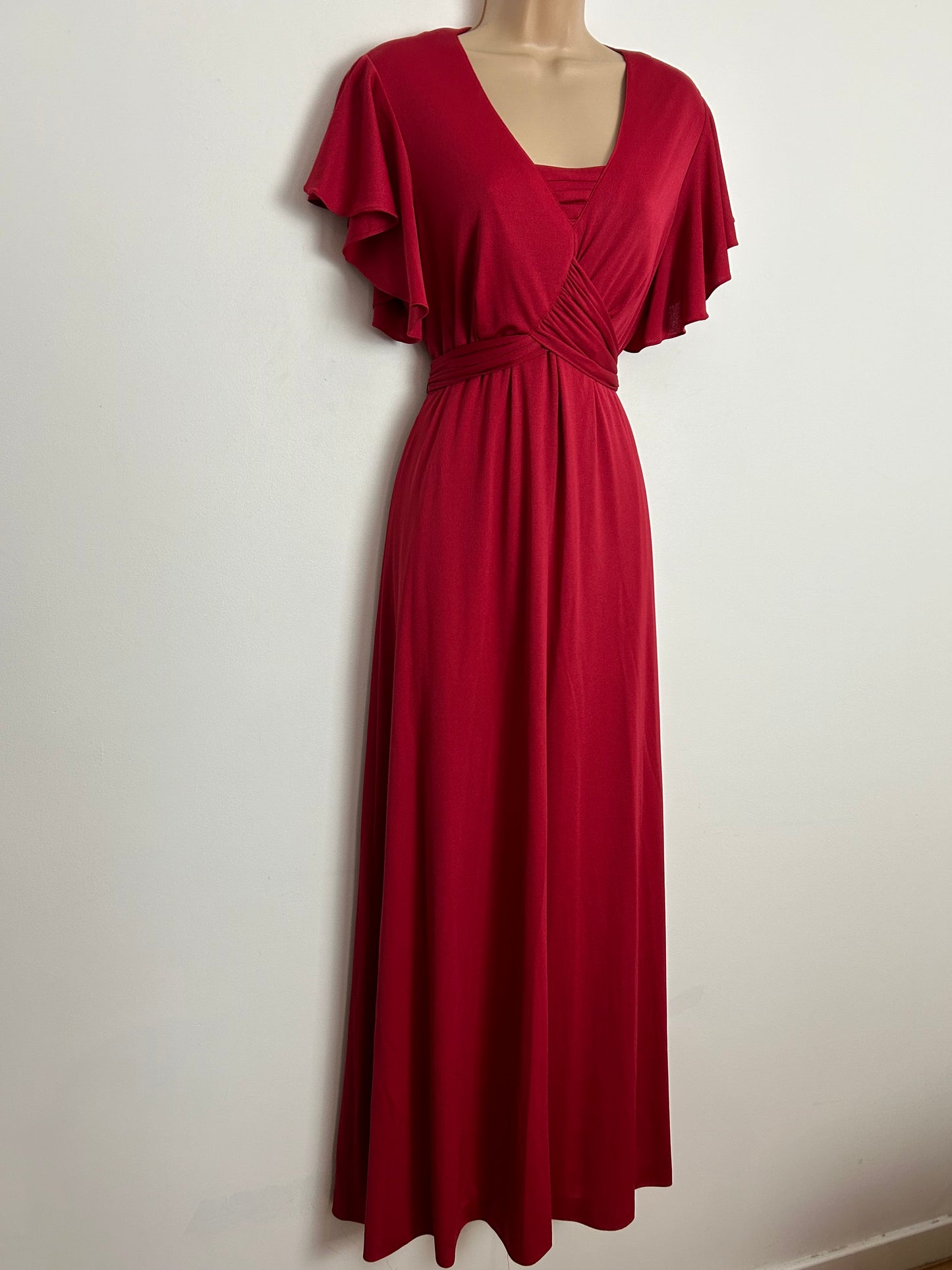 Vintage 1970s UK Size 16 Red Short Flutter Sleeve Mock Wrap Tie Back Boho Maxi Dress