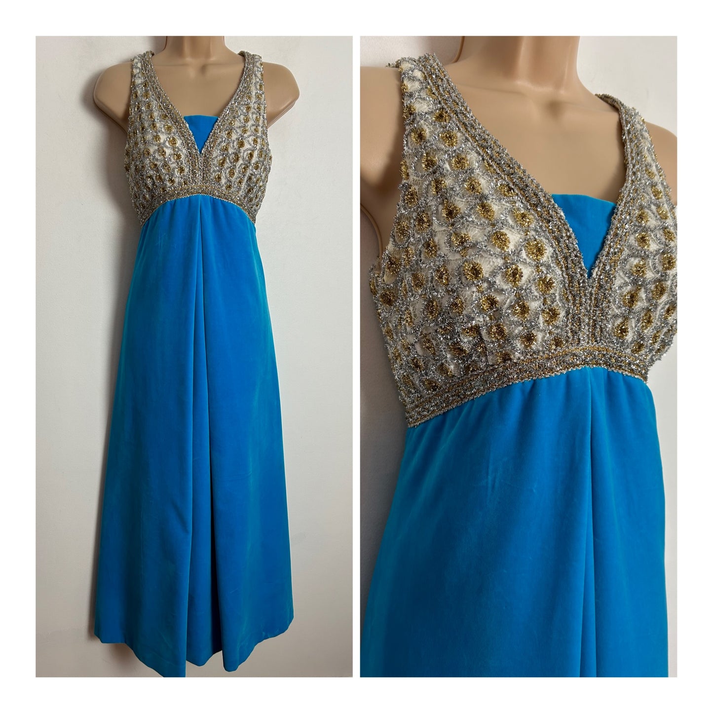 Vintage 1960s FRESH GENERATION UK Size 8 Turquoise Gold & Silver Velvet & Lace Occasion Evening Maxi Dress