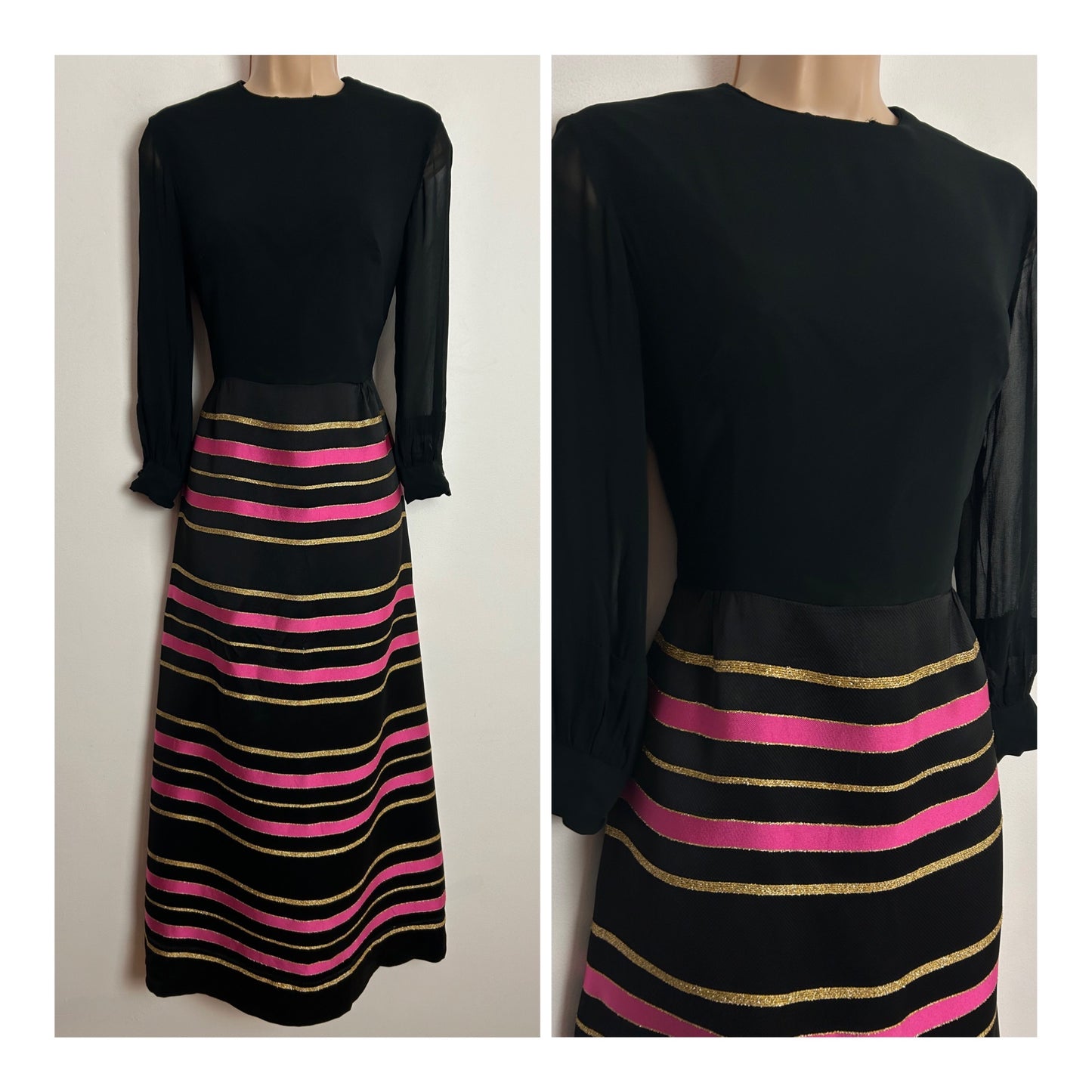 Vintage 1970s EASTEX UK Size 10 Black Pink & Gold Stripe Long Sleeve Occasion Evening Maxi Dress