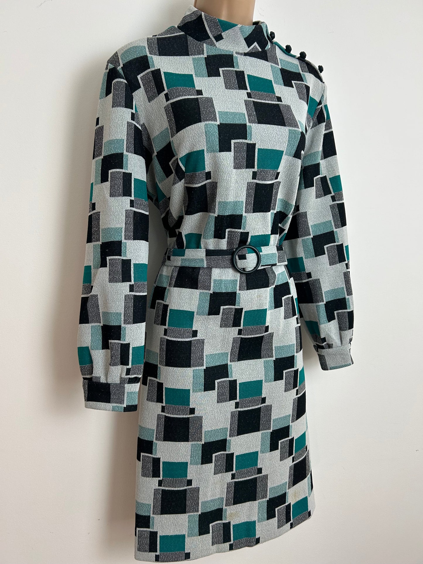 Vintage 1960s Size 16 Teal Black & White Geo Square Print Crimplene Belted Long Sleeve Mod Dress