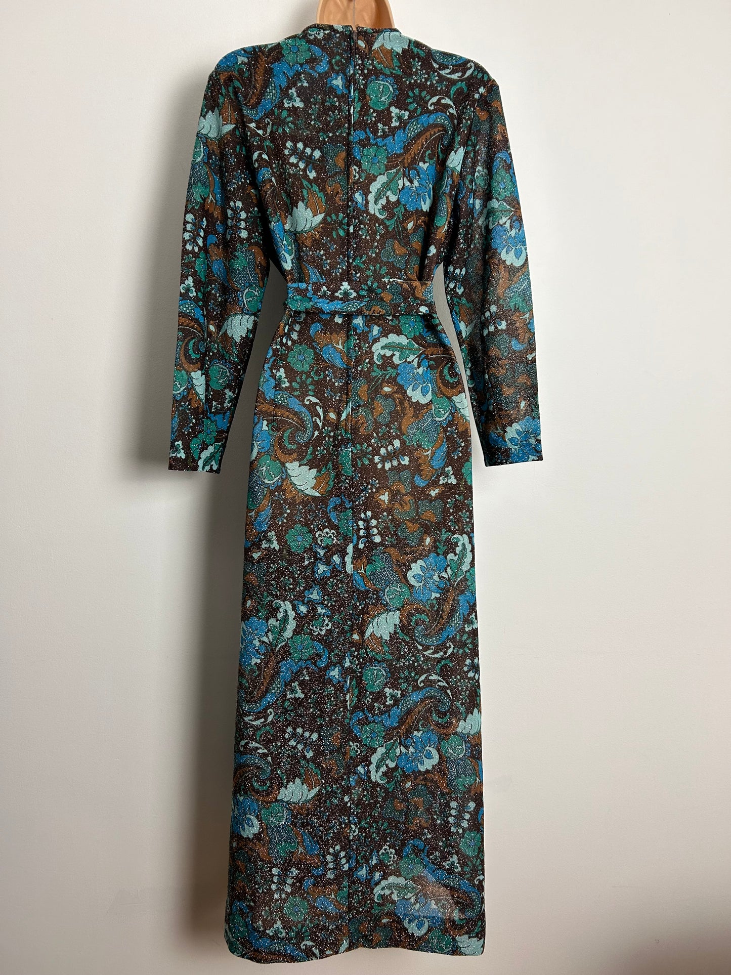 Vintage 1960s CARNEGIE OF LONDON UK Size 16-18 Brown Blue & Green Floral Print Glittery Lurex Belted Occasion Maxi Dress