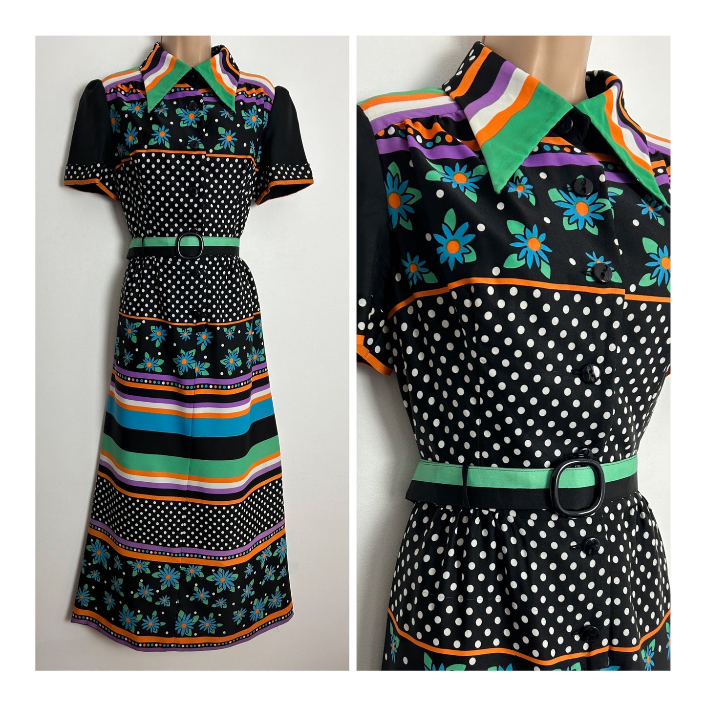 Vintage 1970s LADIES PRIDE UK Size 12-14 Black Green White Orange & Purple Stripe Floral & Polka Dot Print Belted Maxi Dress