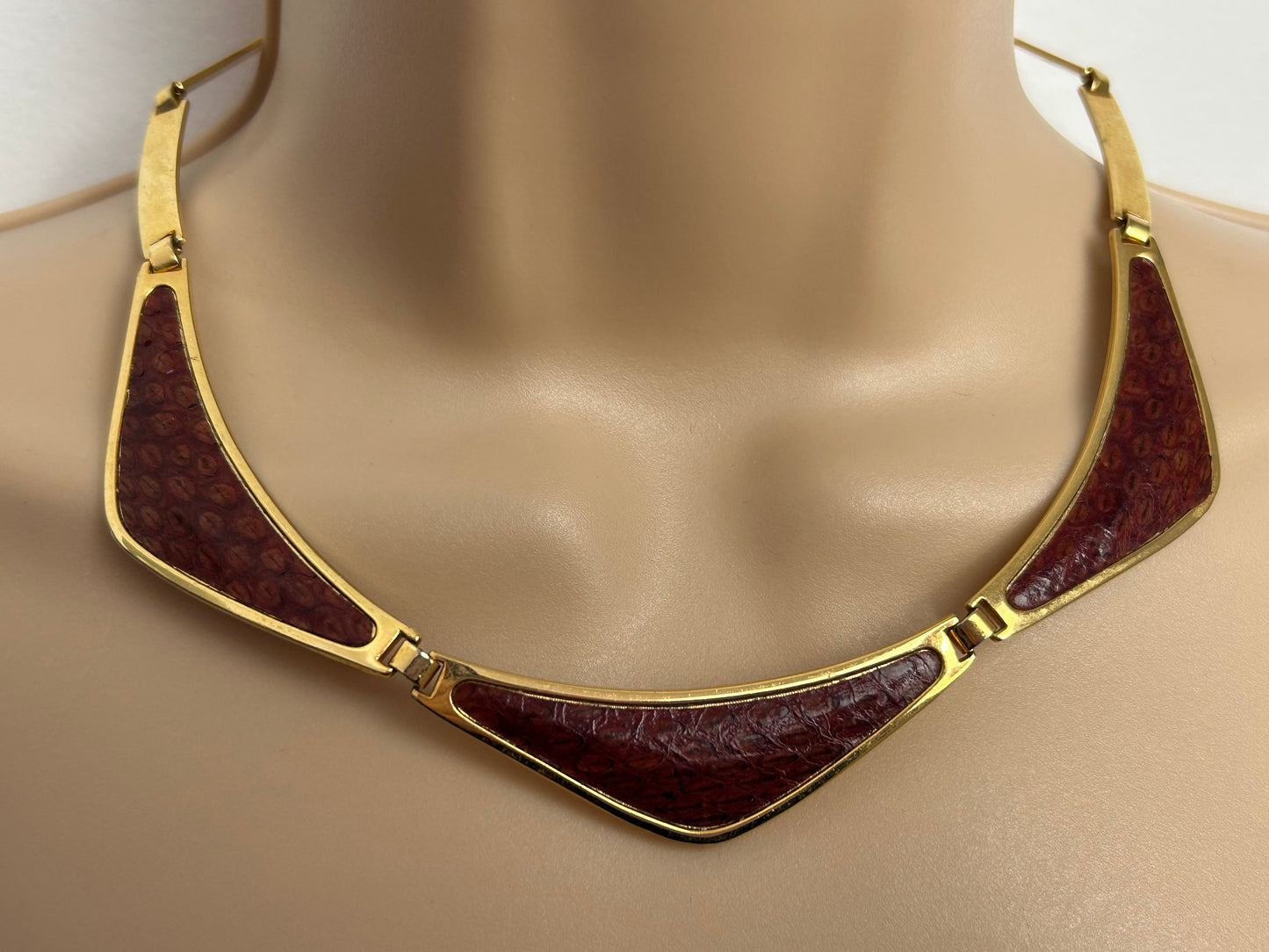 Vintage Gold Tone & Brick Red Faux Reptile Skin Panelled Choker Necklace