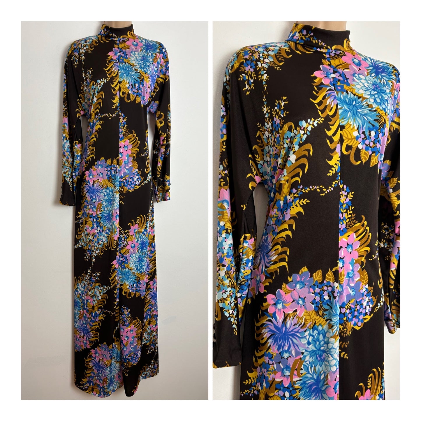 Vintage 1970s VILEDA UK Size 8 Brown Blue & Pink Floral Print Roll Neck Long Sleeve Maxi Dress
