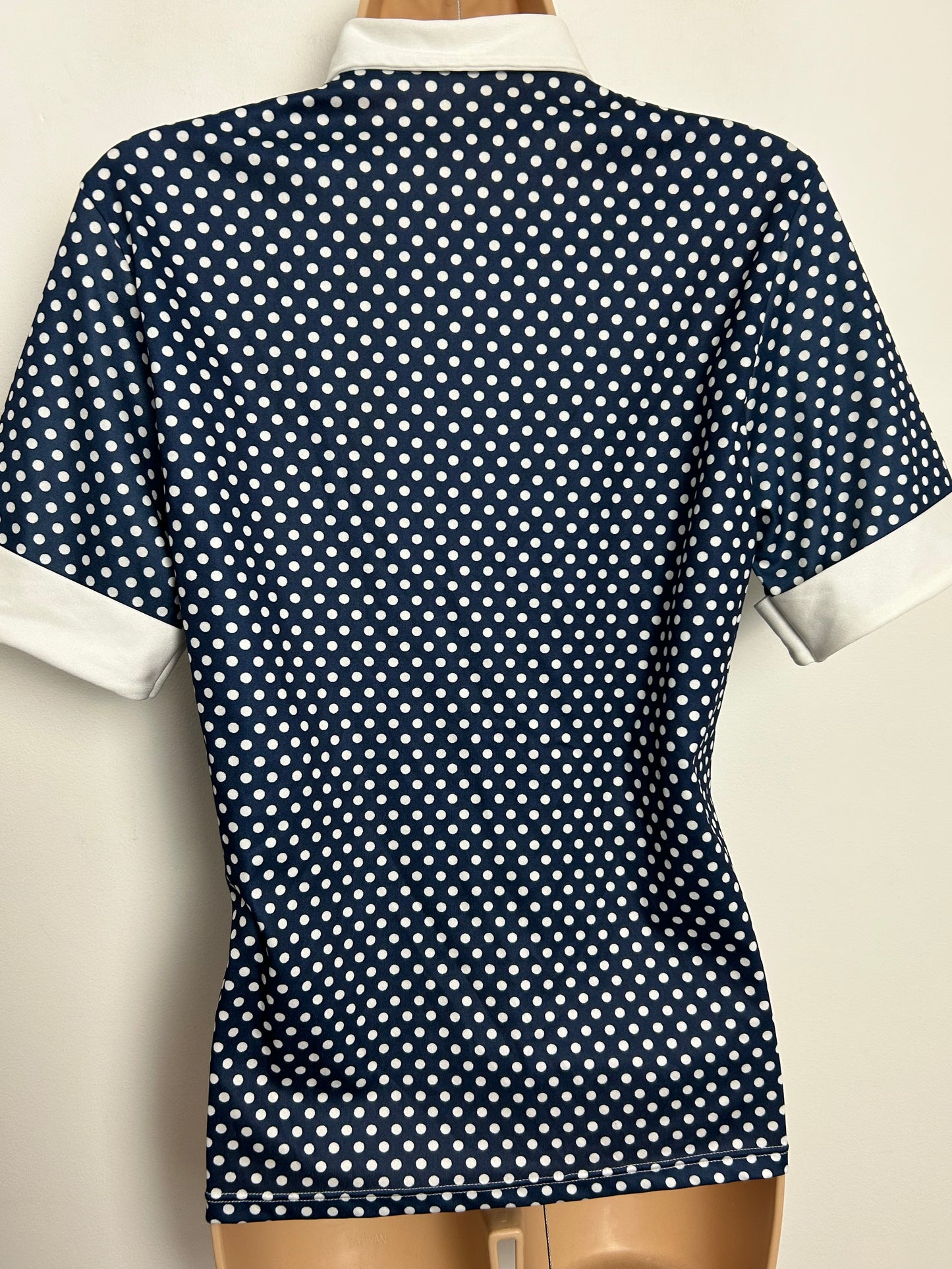 Vintage 1980s FASHION STYLE Size 10 Navy Blue & White Polka Dot Print Short Sleeve Shirt