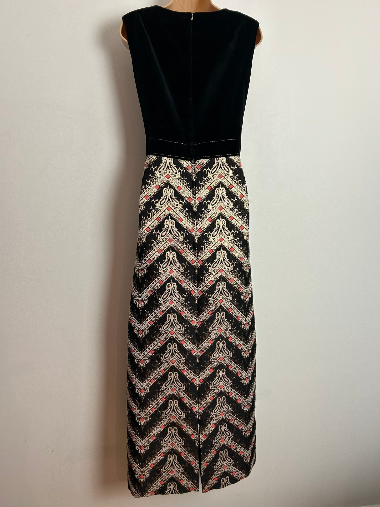 Vintage 1960s UK Size 12 Black Gold & Pink Velvet & Brocade Evening Occasion Maxi Dress