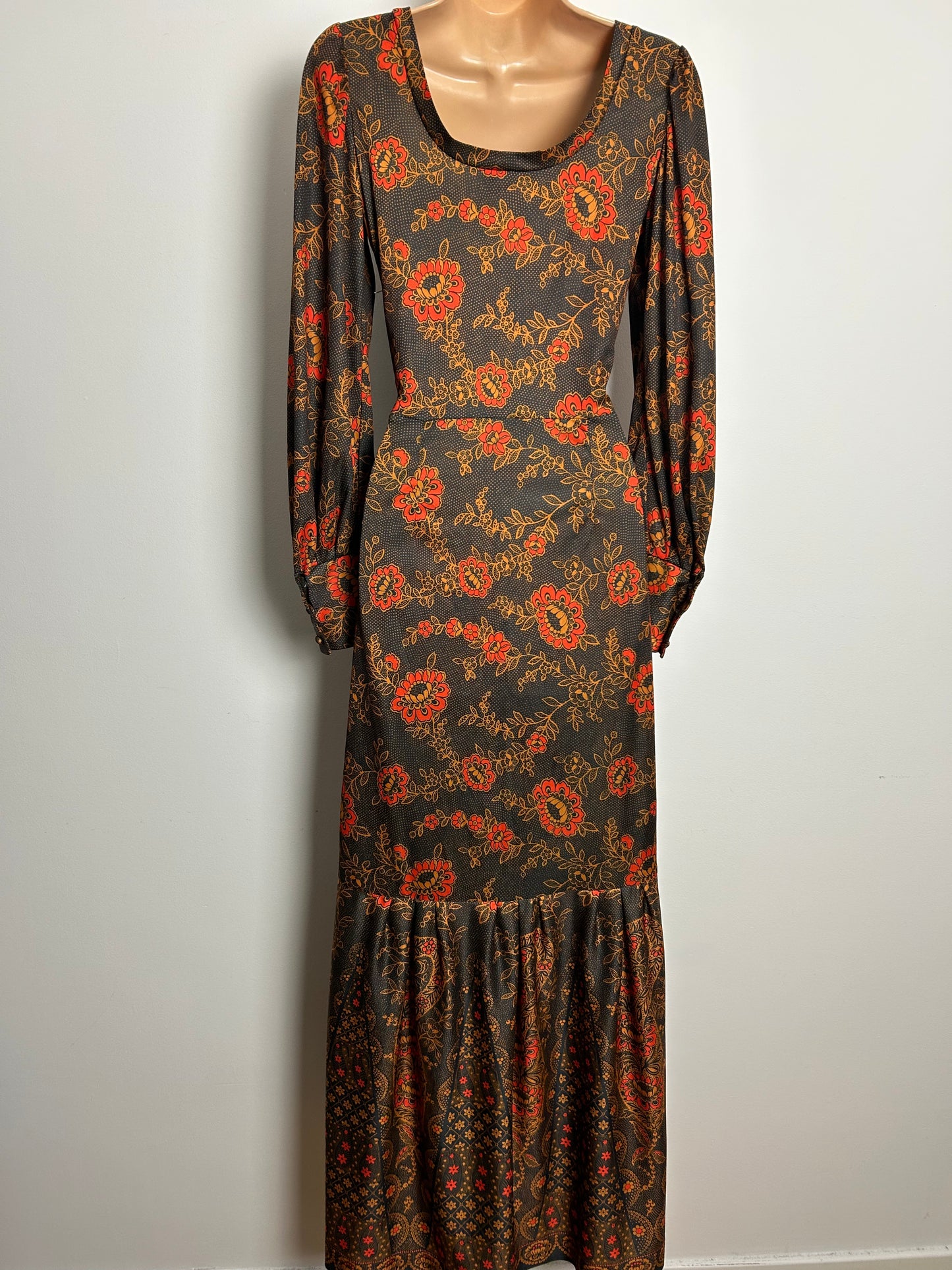 Vintage 1970s Size 8 Brown & Orange Floral & Polka Dot Print Long Sleeve Maxi Dress