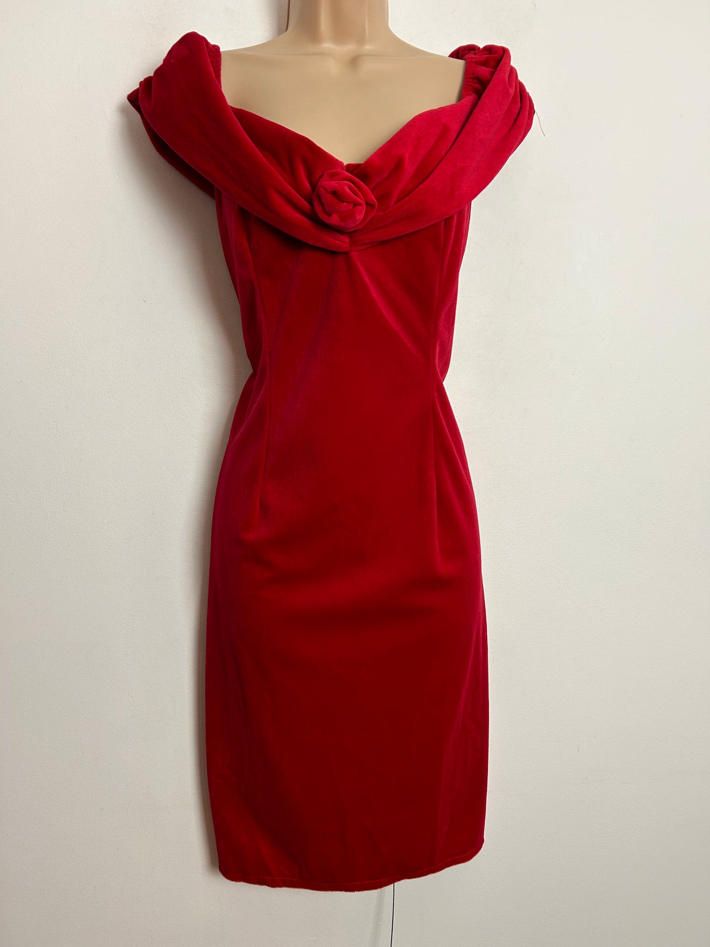 Vintage 1980s UK Size 12 Red Velvet Velour Bardot Neck Corsage Detail Xmas Party Occasion Dress