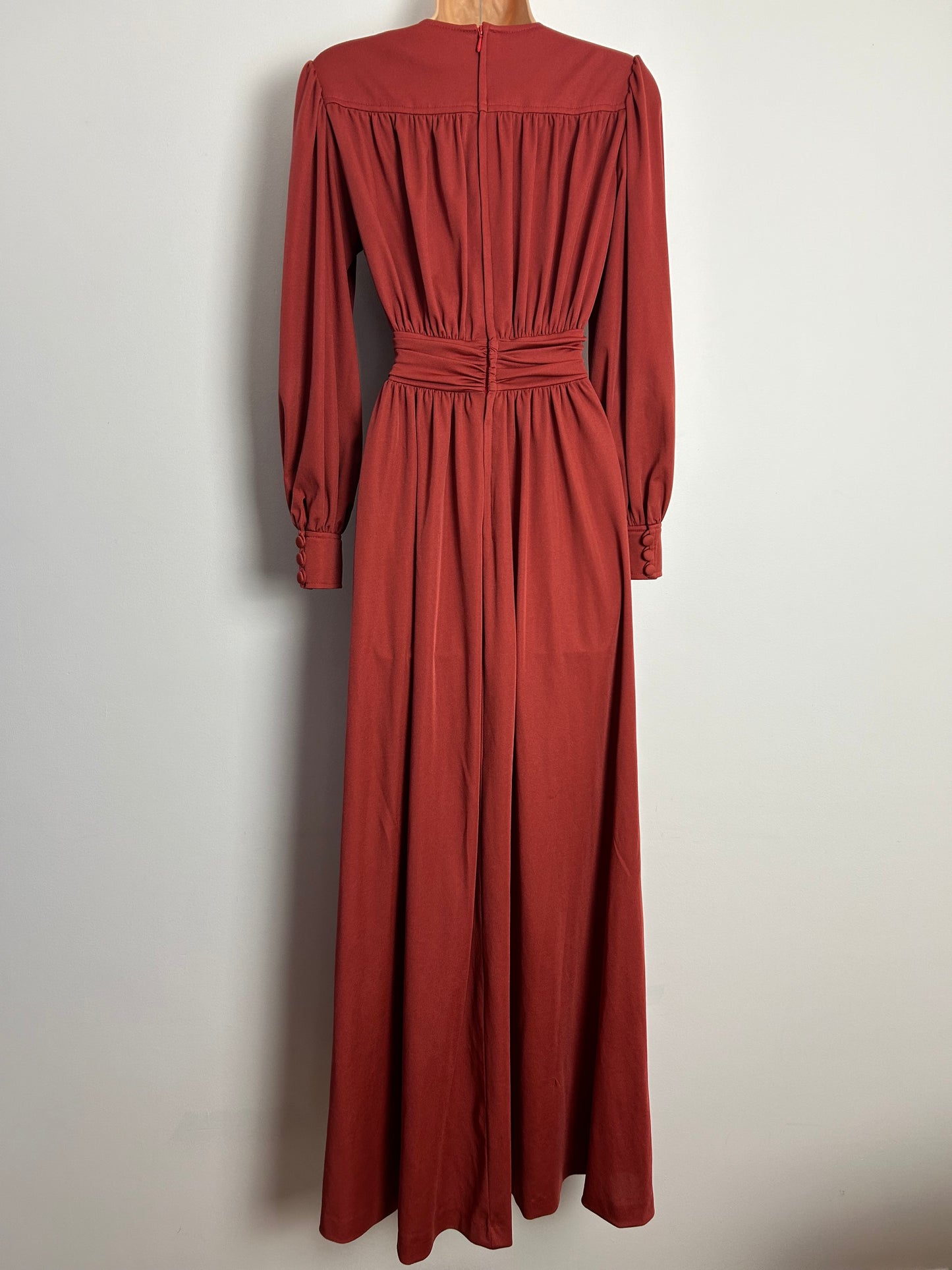 Vintage 1970s CREATION MADEMOISELLE UK Size 6-8 Terracotta Long Sleeve Gather Pleated Maxi Dress