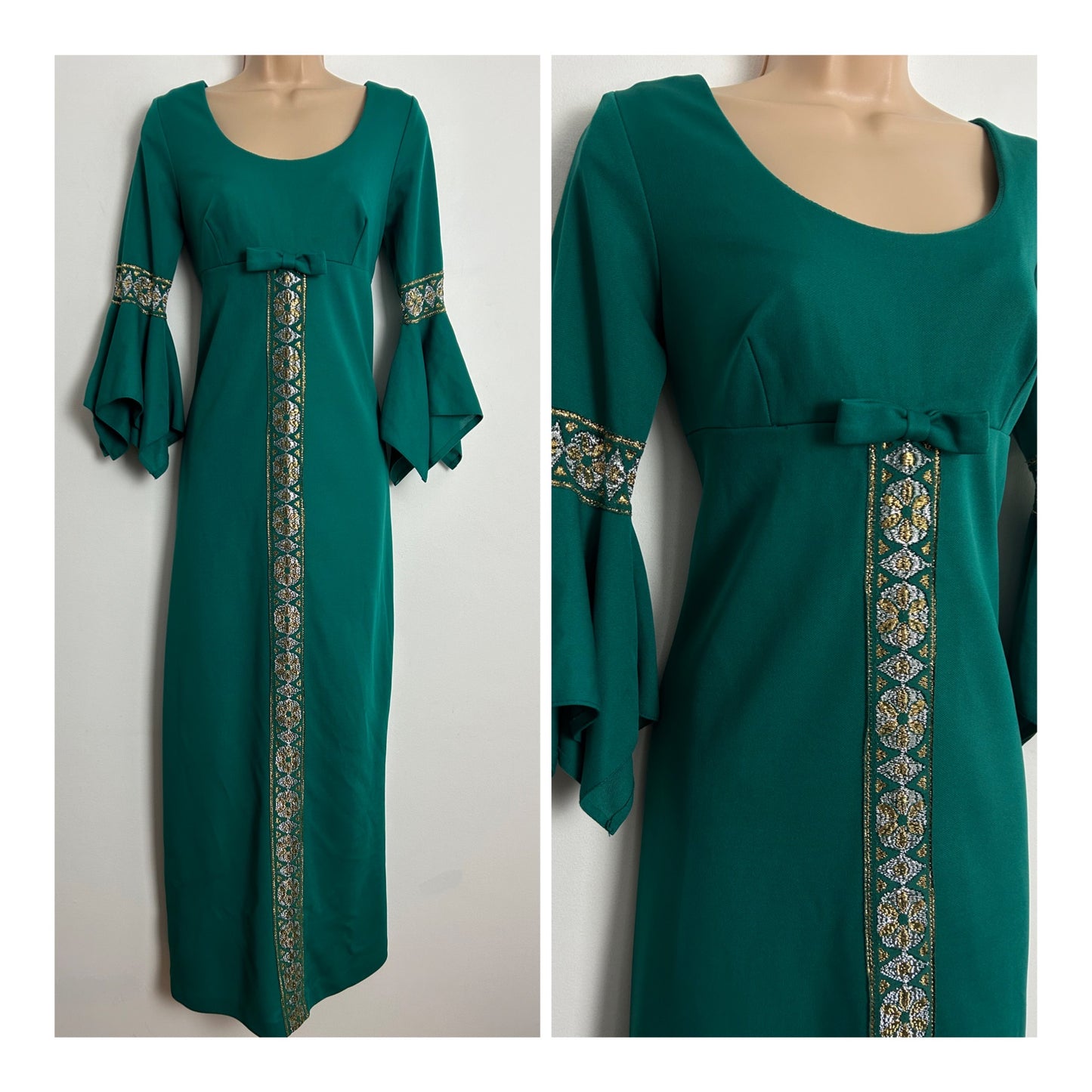 Vintage 1970s UK Size 8 Teal Green With Gold & Silver Braid Trim Handkerchief Cuff Maxi Dress