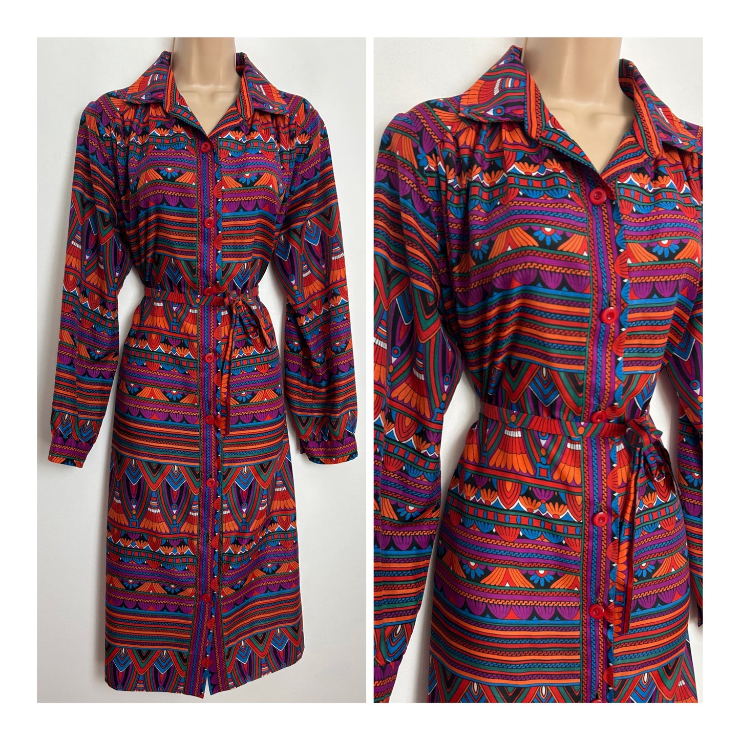 Vintage 1970s 14 Purple Orange Blue & Red Abstract Stripe Print Long Sleeve Belted Mod Dress