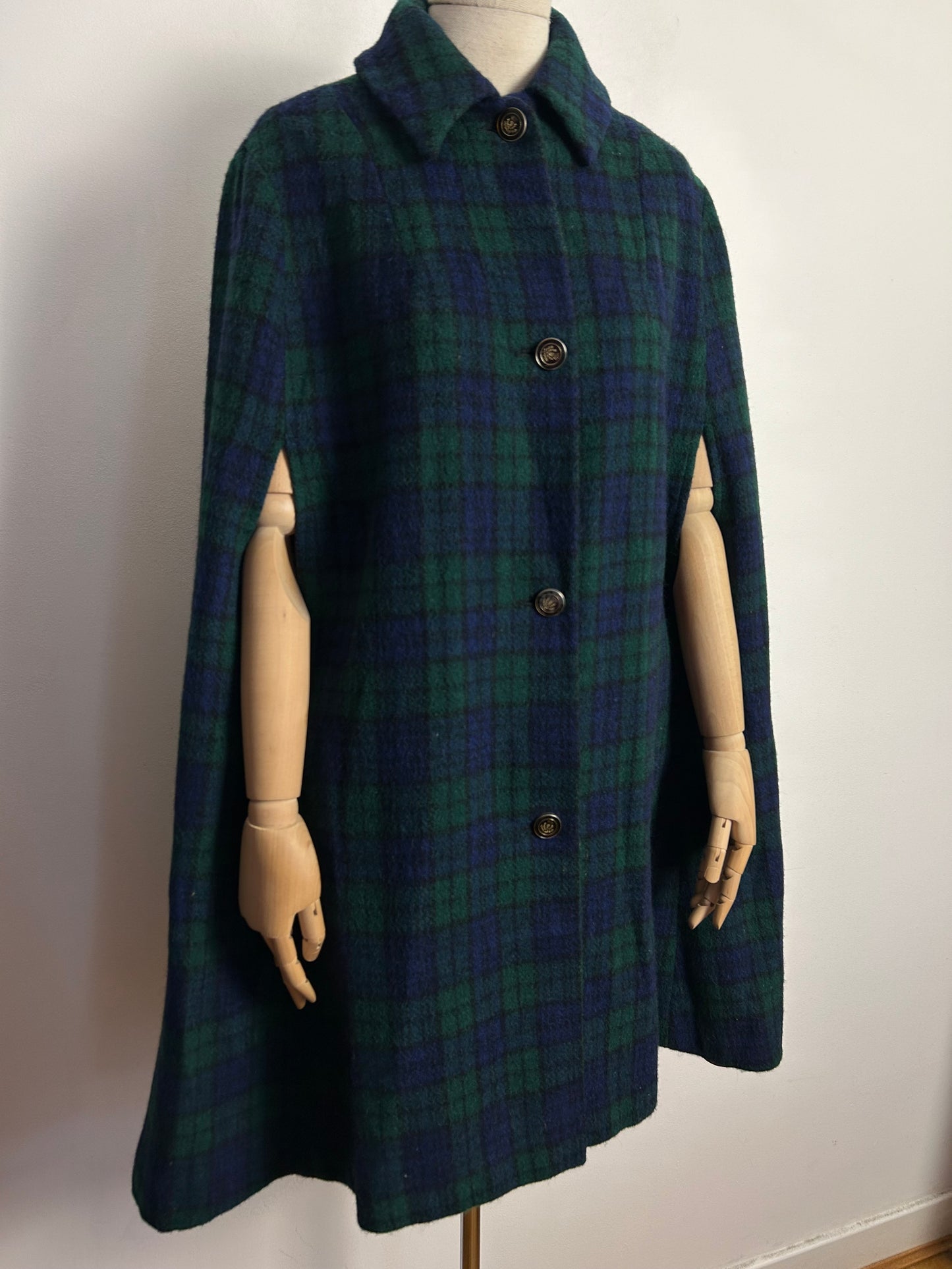 Vintage 1990s UK Size 10 Dark Blue & Green Tartan Check Scottish Wool Cape