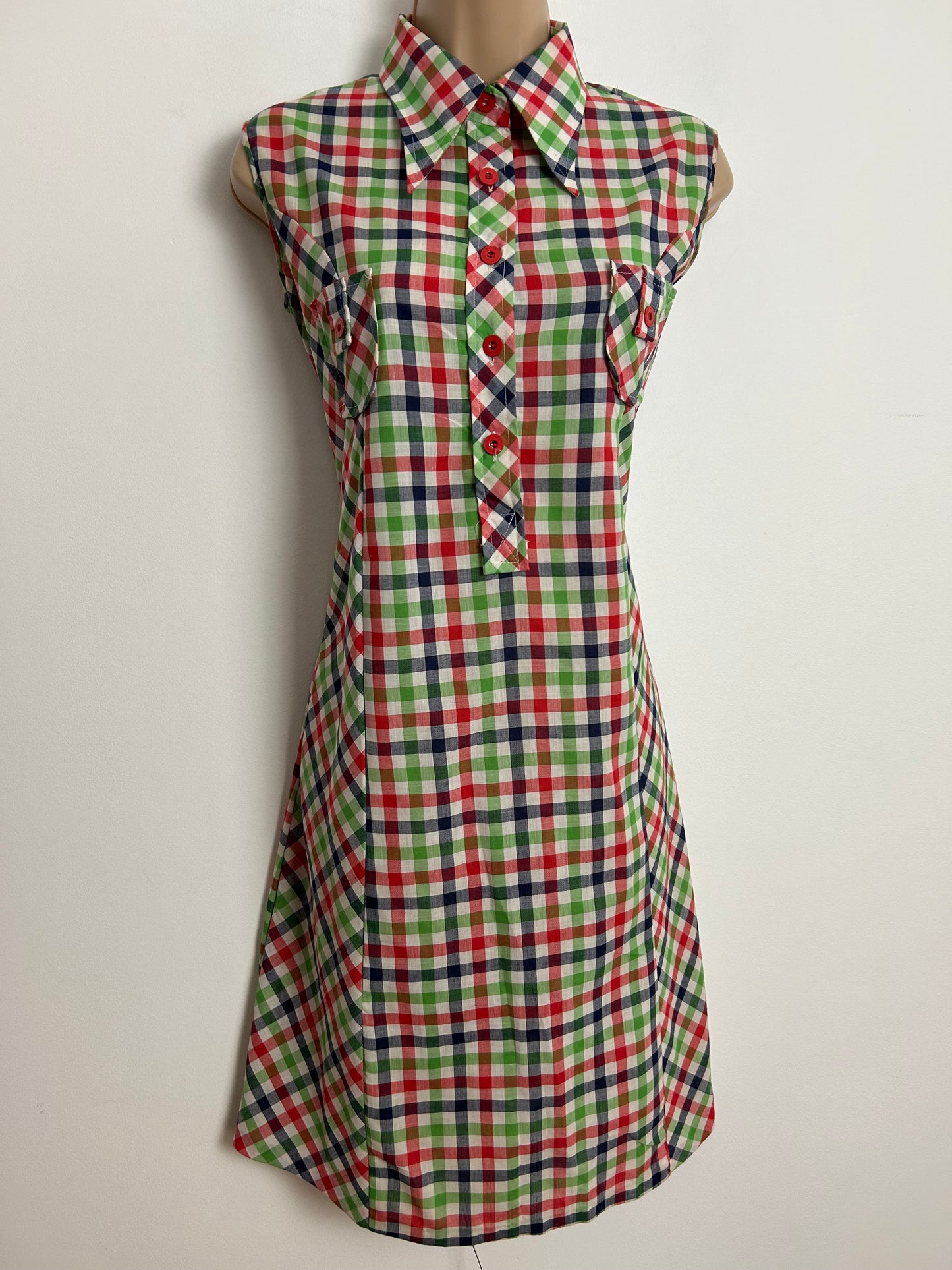 Vintage 1970s Size 12 White Green Red & Blue Check Print Cotton Mix Sleeveless Mod Shift Dress
