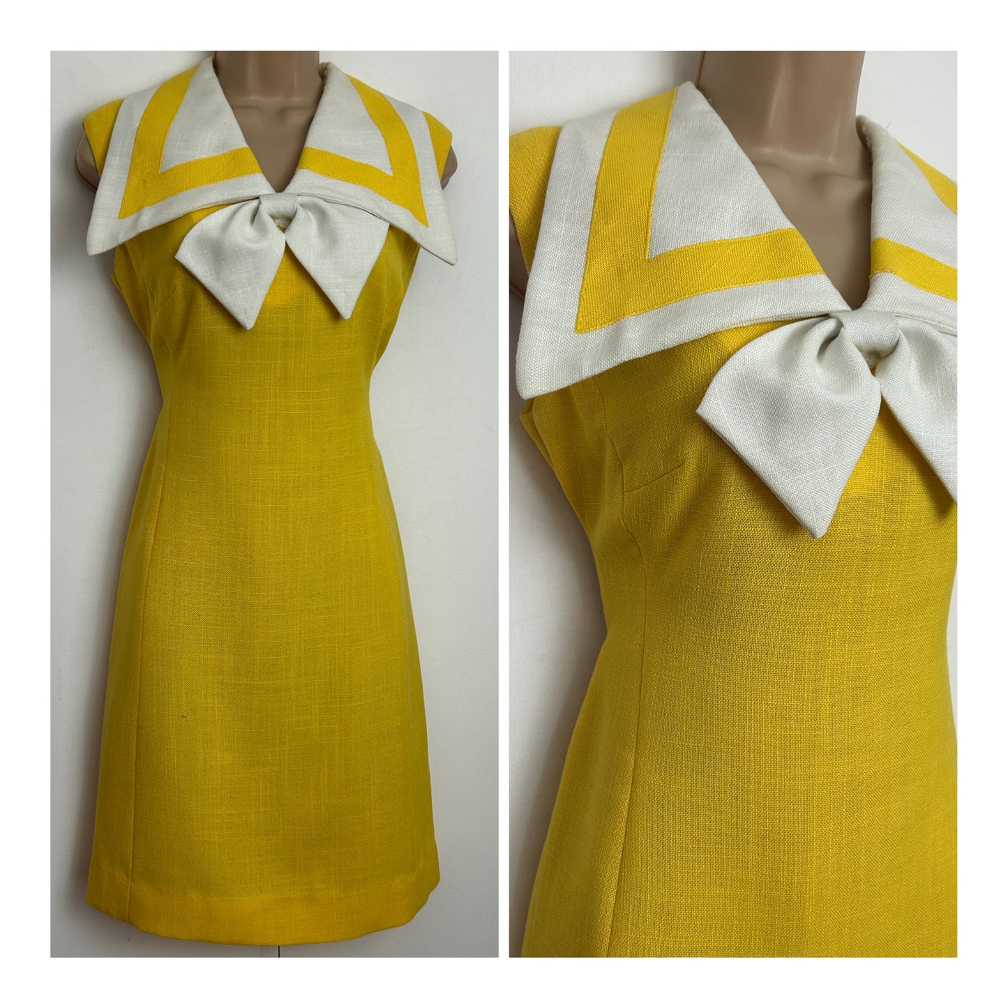 Vintage 1960s WILSHIRE OF BOSTON Size 8-10 Yellow & White Wide Collared Bow Detail Mod Summer Shift Dress